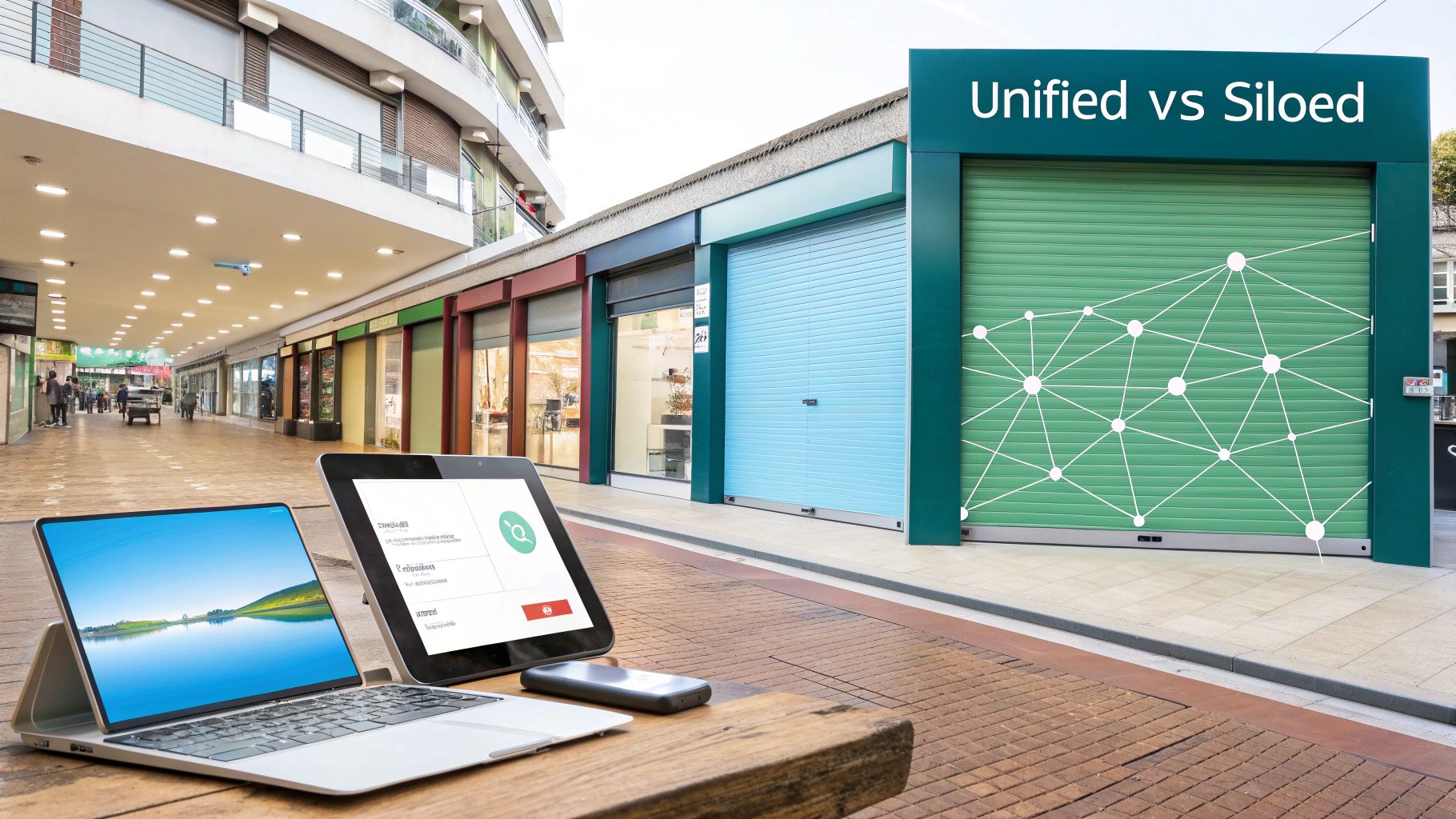 Digital devices on a wooden table in front of shops, one displaying 'Unified vs Siloed' with a network.