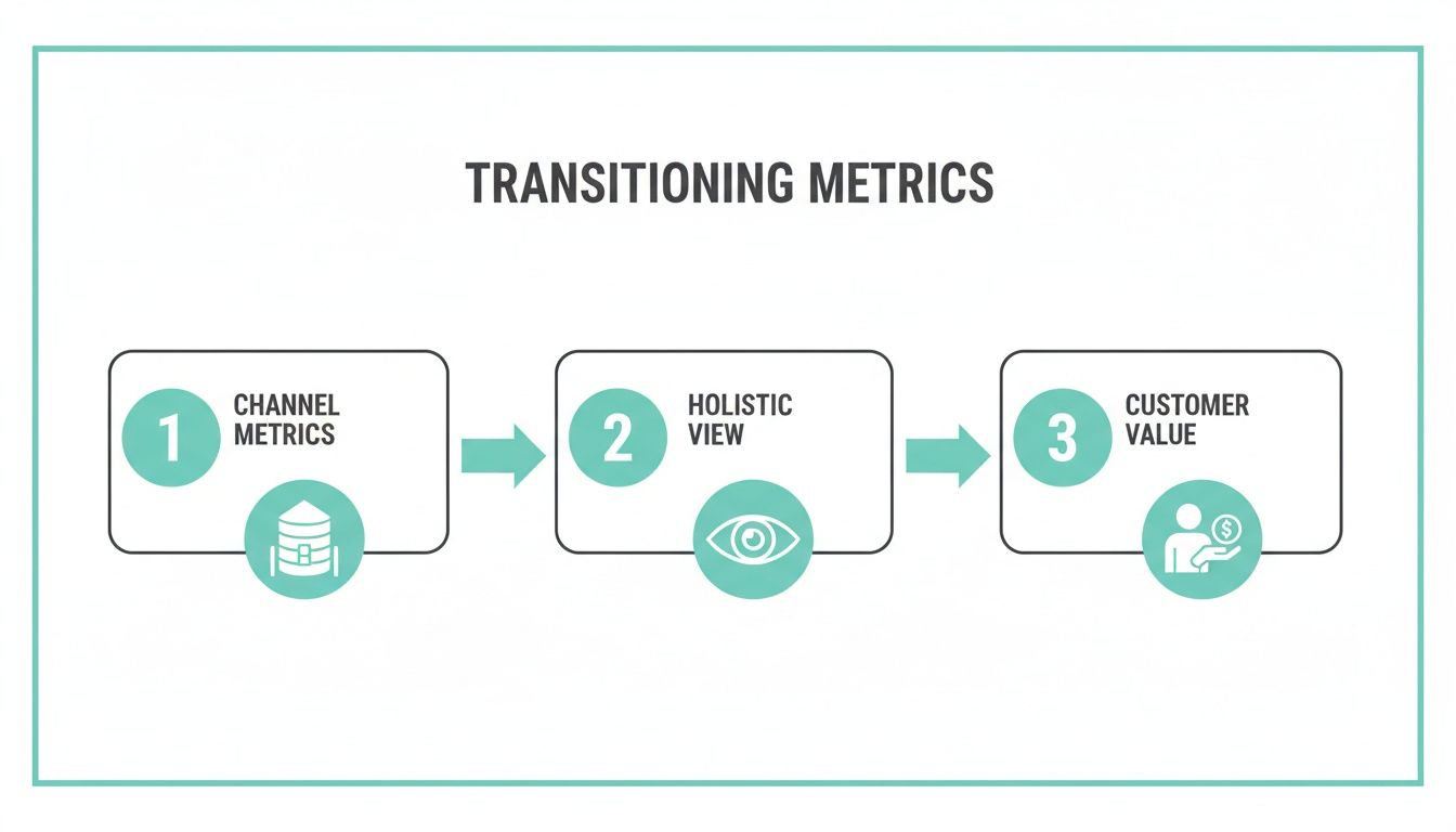 A diagram illustrating the transition of metrics from channel-specific data to a holistic view and finally to customer value, in three steps.