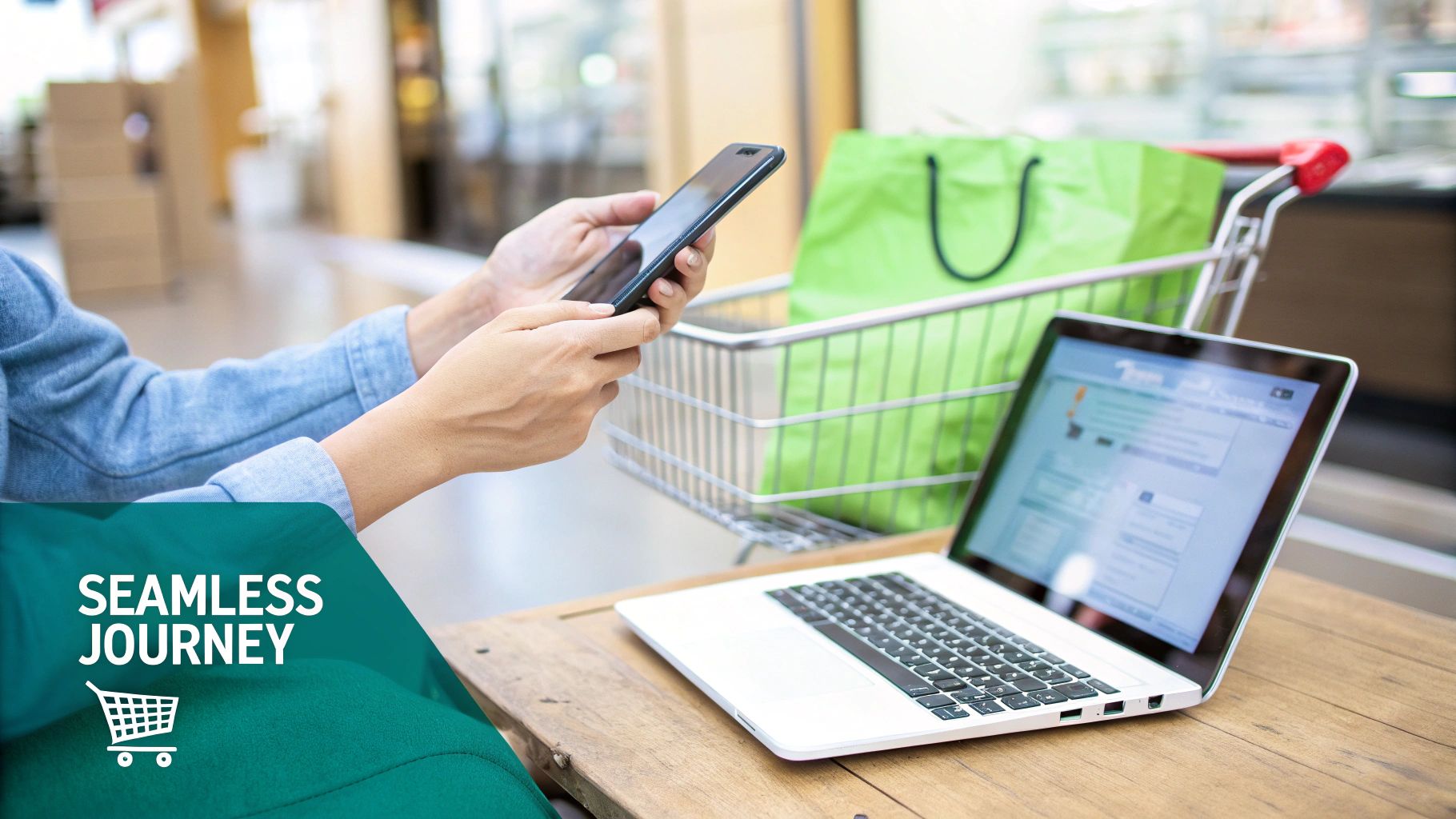 A person uses a smartphone and laptop for online shopping with a cart nearby, signifying a seamless journey.