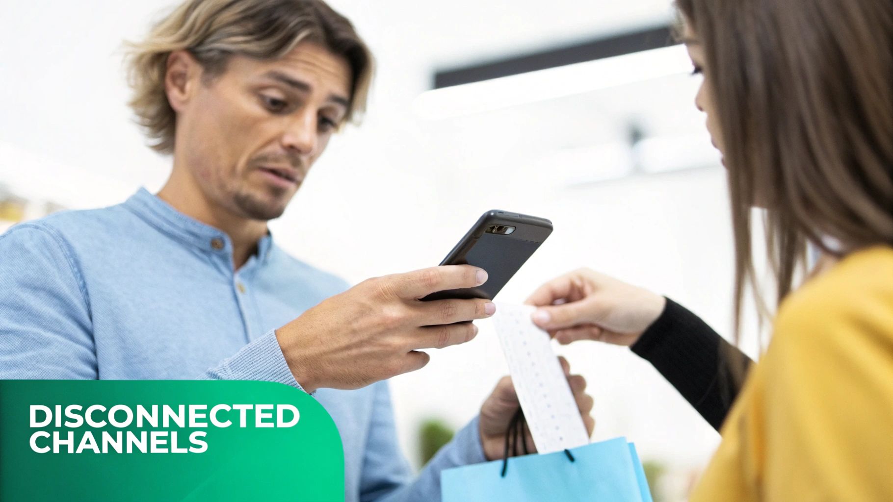 Confused man comparing smartphone screen with a paper receipt received from a shop assistant.