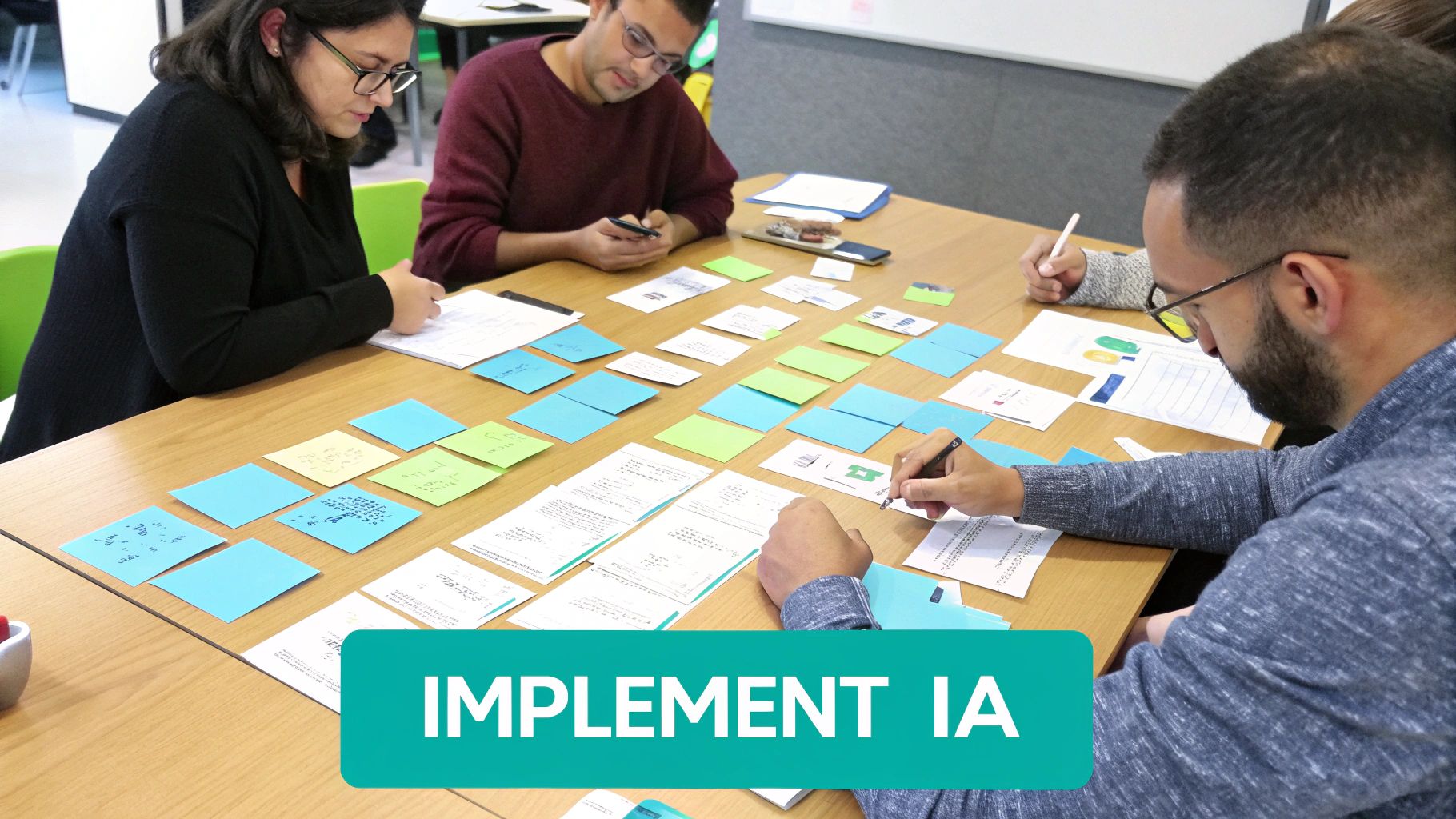 Four people collaborate at a table, using sticky notes and cards for a brainstorming session on information architecture.