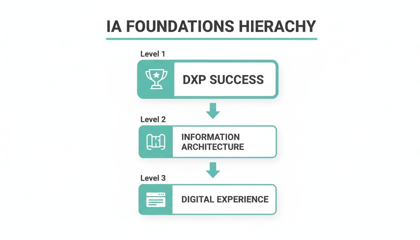A diagram illustrating the IA Foundations Hierarchy with three levels: DXP Success, Information Architecture, and Digital Experience.