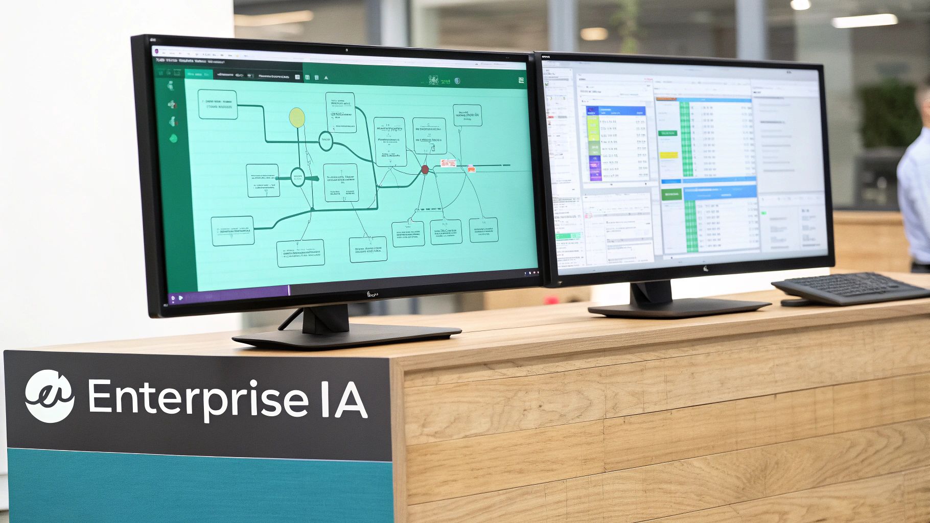 Two computer monitors on a wooden desk, displaying a mind map and data interface, with an 'Enterprise IA' sign.