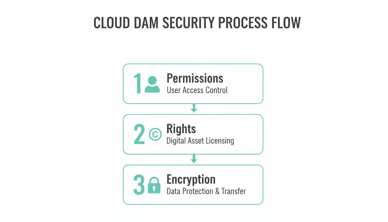 A flowchart illustrating the Cloud DAM security process, including permissions, rights, and encryption.