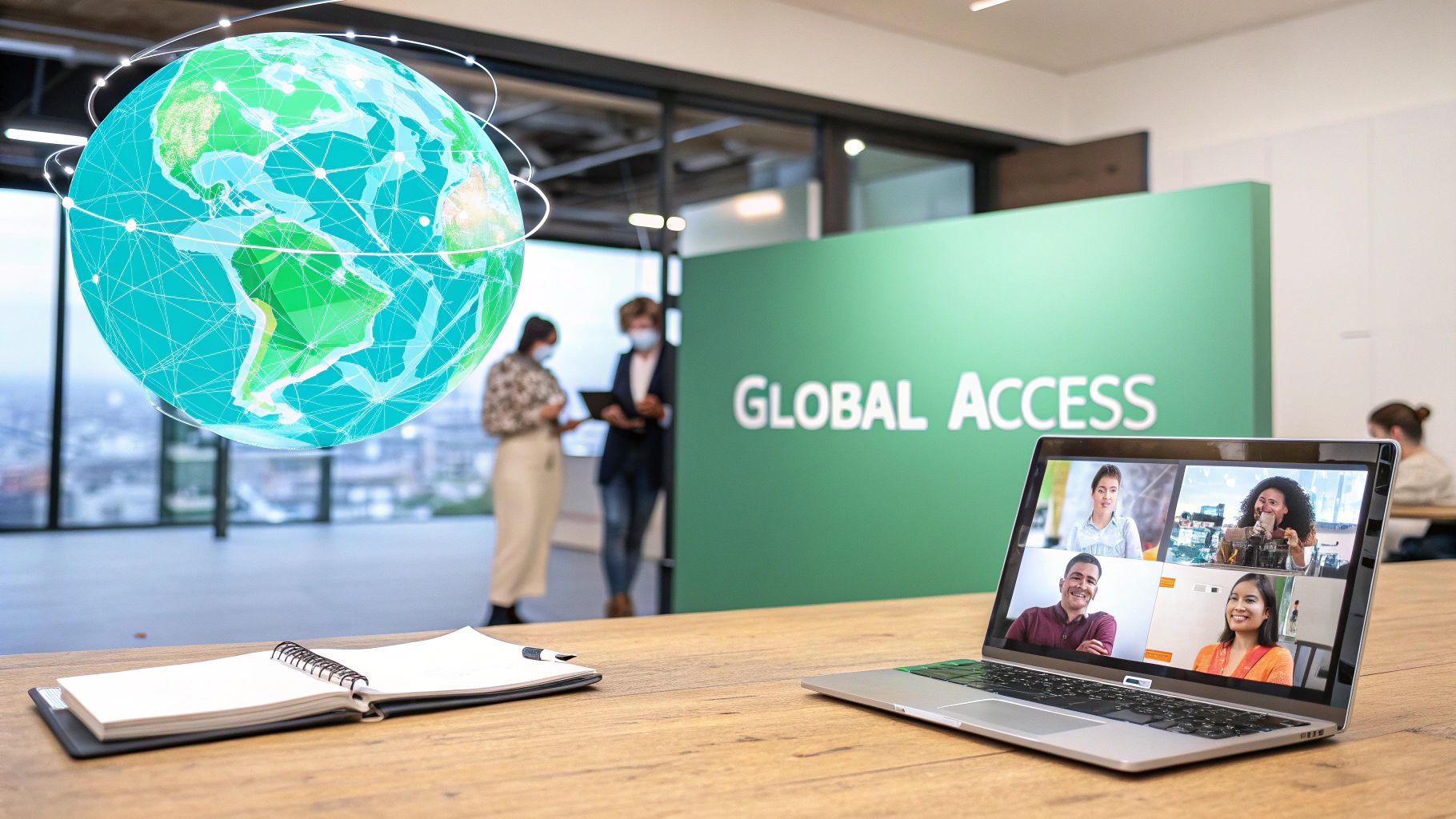Digital globe and laptop with video call in an office setting promoting global access.