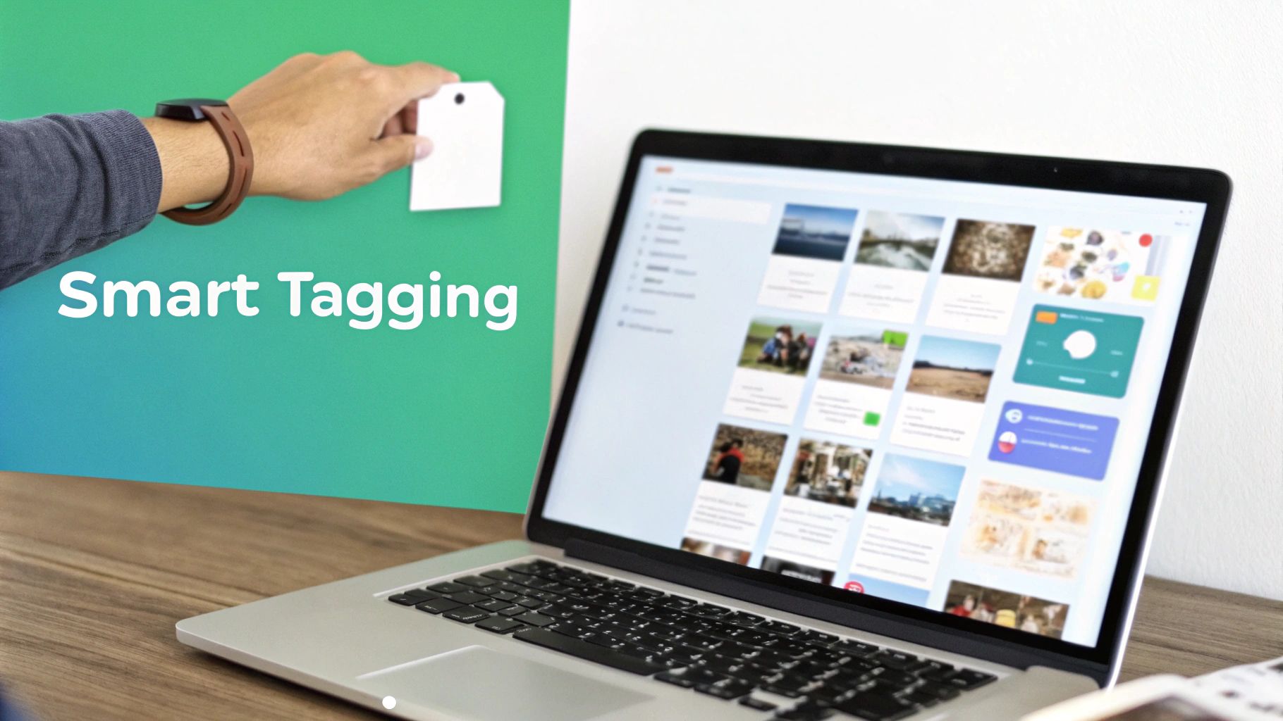 A hand pins a white tag on a green wall with 'Smart Tagging' text, next to a laptop displaying an image gallery.