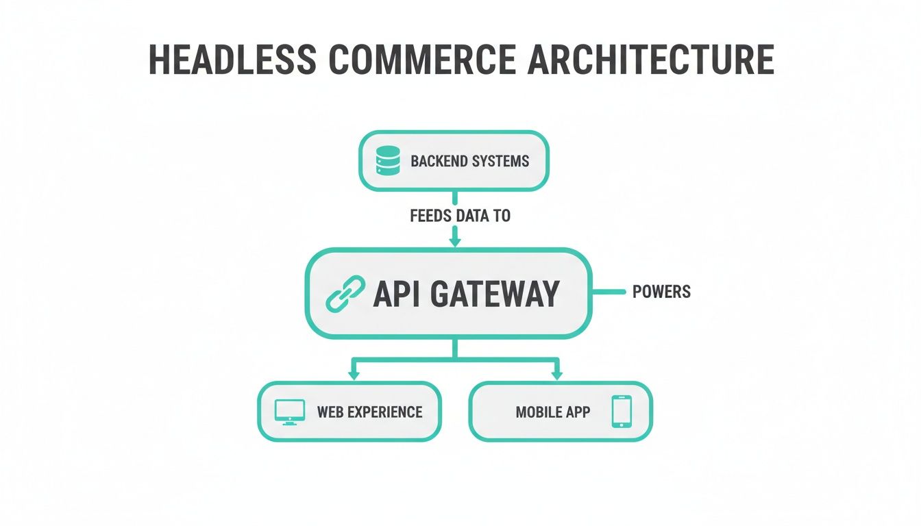 Diagram illustrating headless commerce architecture: backend systems feed data to an API gateway, powering web and mobile experiences.