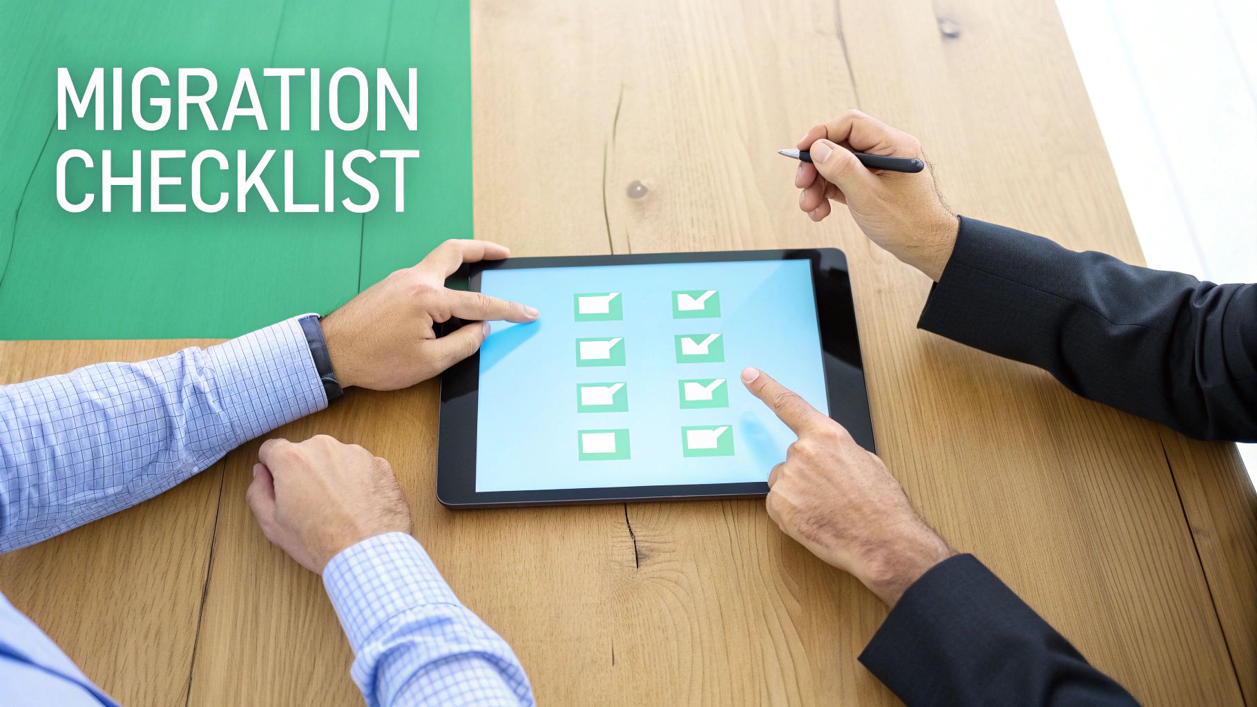 Two business professionals review a digital migration checklist on a tablet, with items checked.