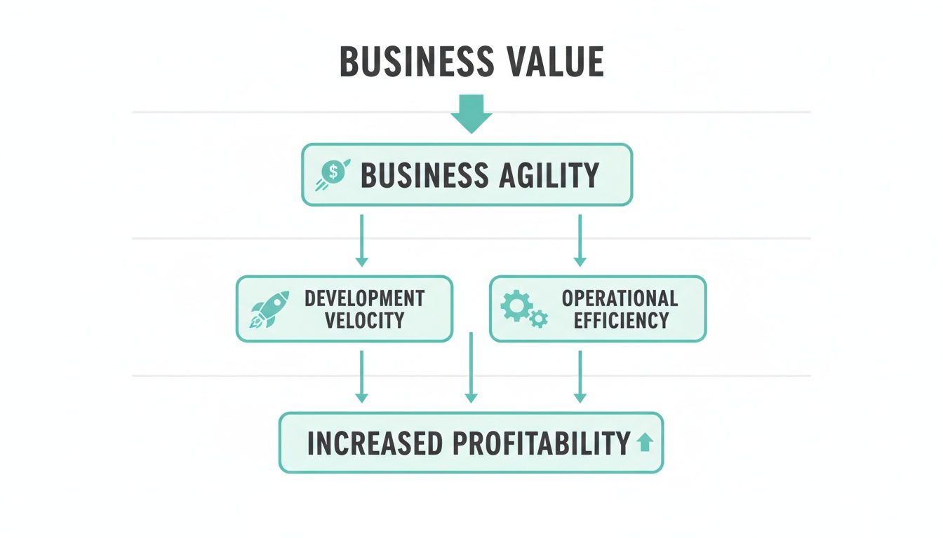 Flowchart illustrating how business value leads to increased profitability through agility, velocity, and efficiency.
