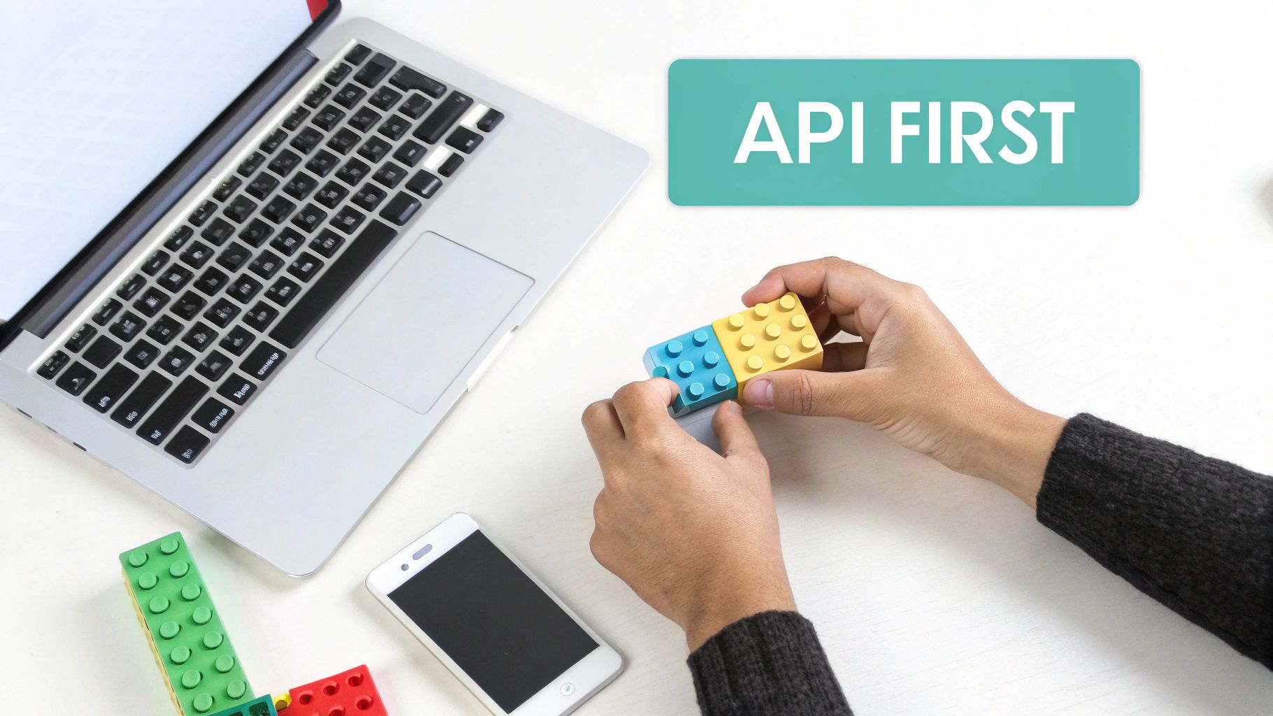 Hands connect colorful LEGO bricks on a white desk, with a laptop, smartphone, and 'API FIRST' banner.