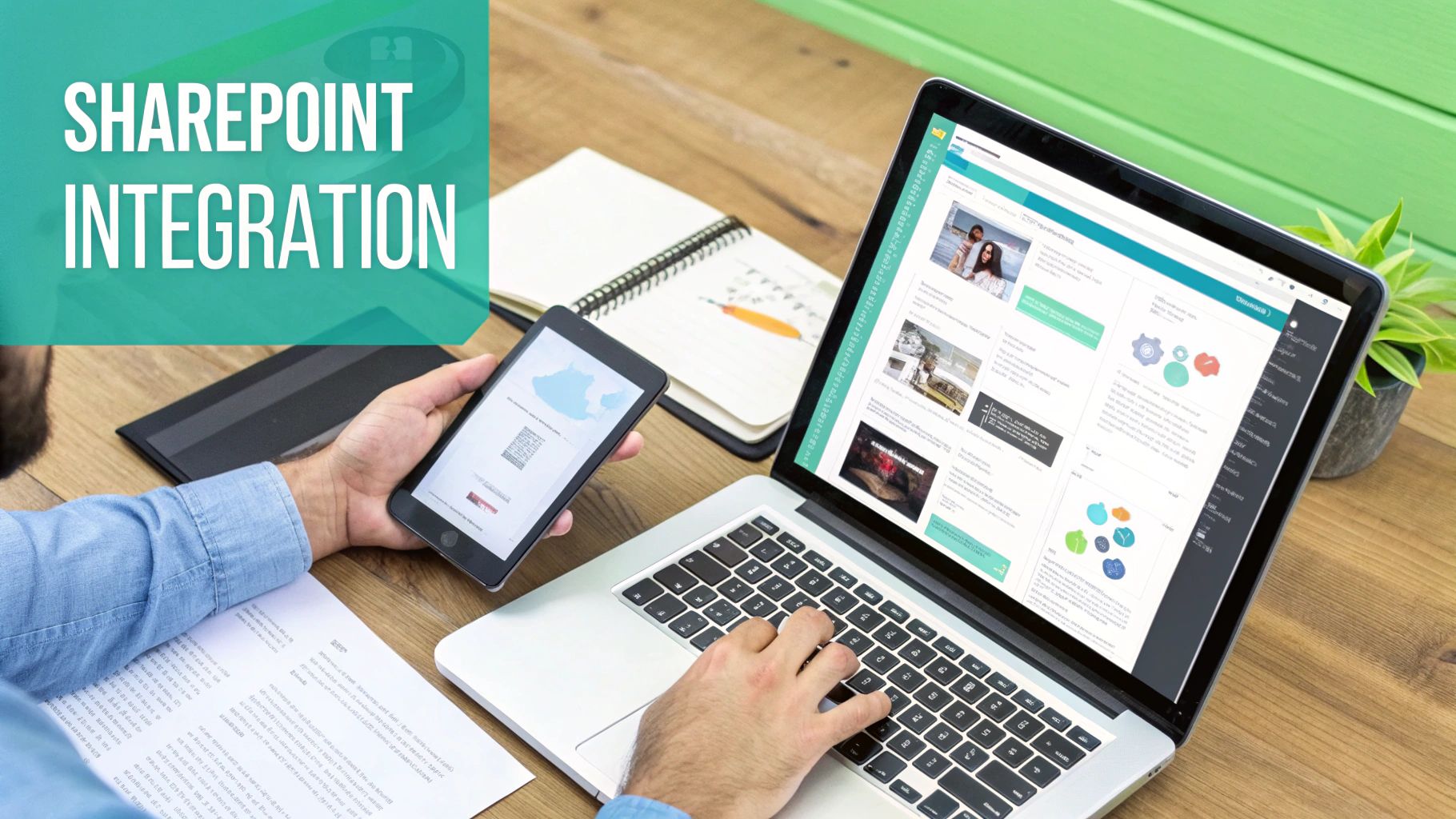 Person working on a laptop and smartphone, displaying 'SHAREPOINT INTEGRATION' text, showing technology and connectivity.