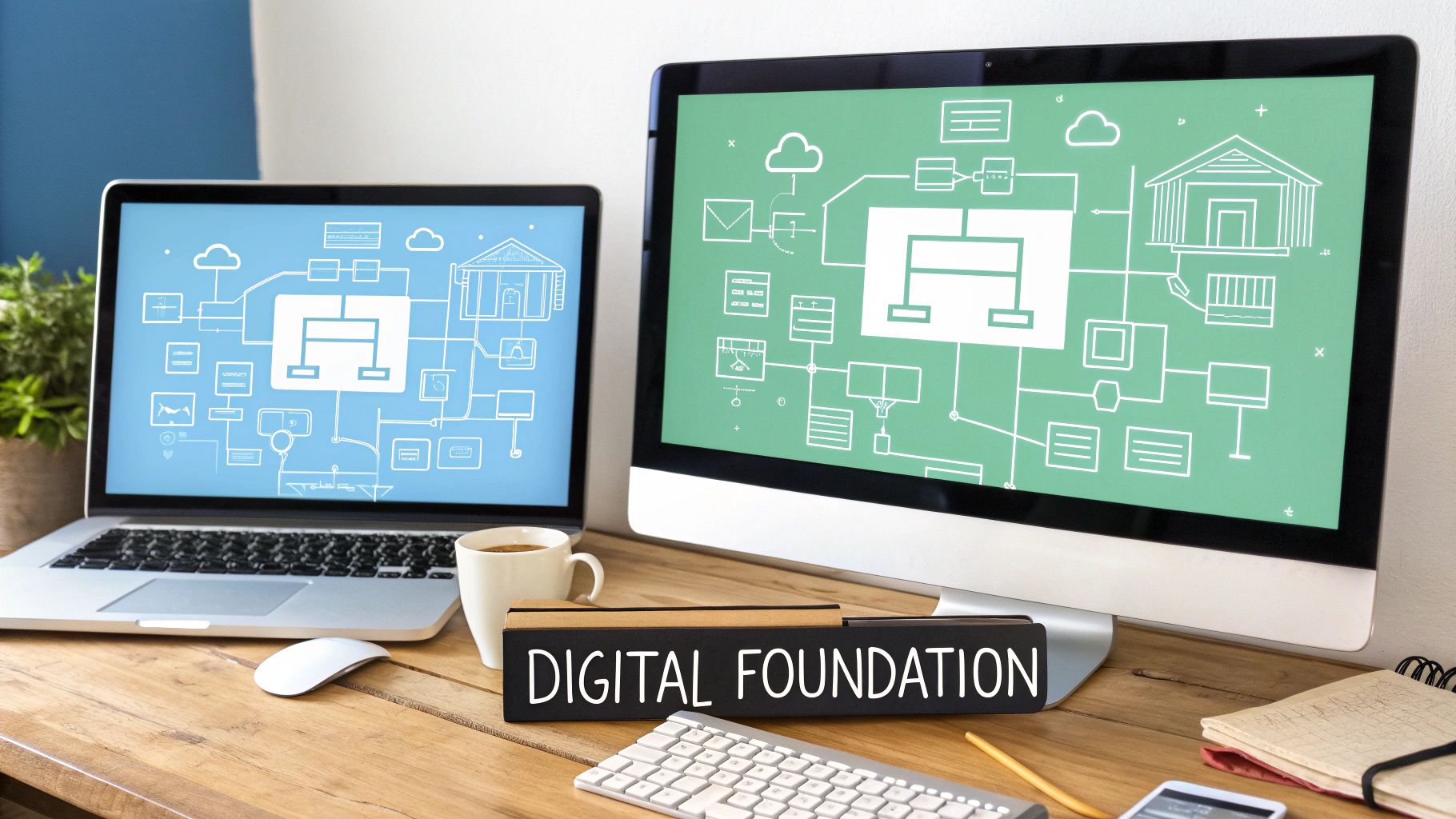 Desk with laptop and monitor showing a digital foundation network diagram, a sign reads 'DIGITAL FOUNDATION'.