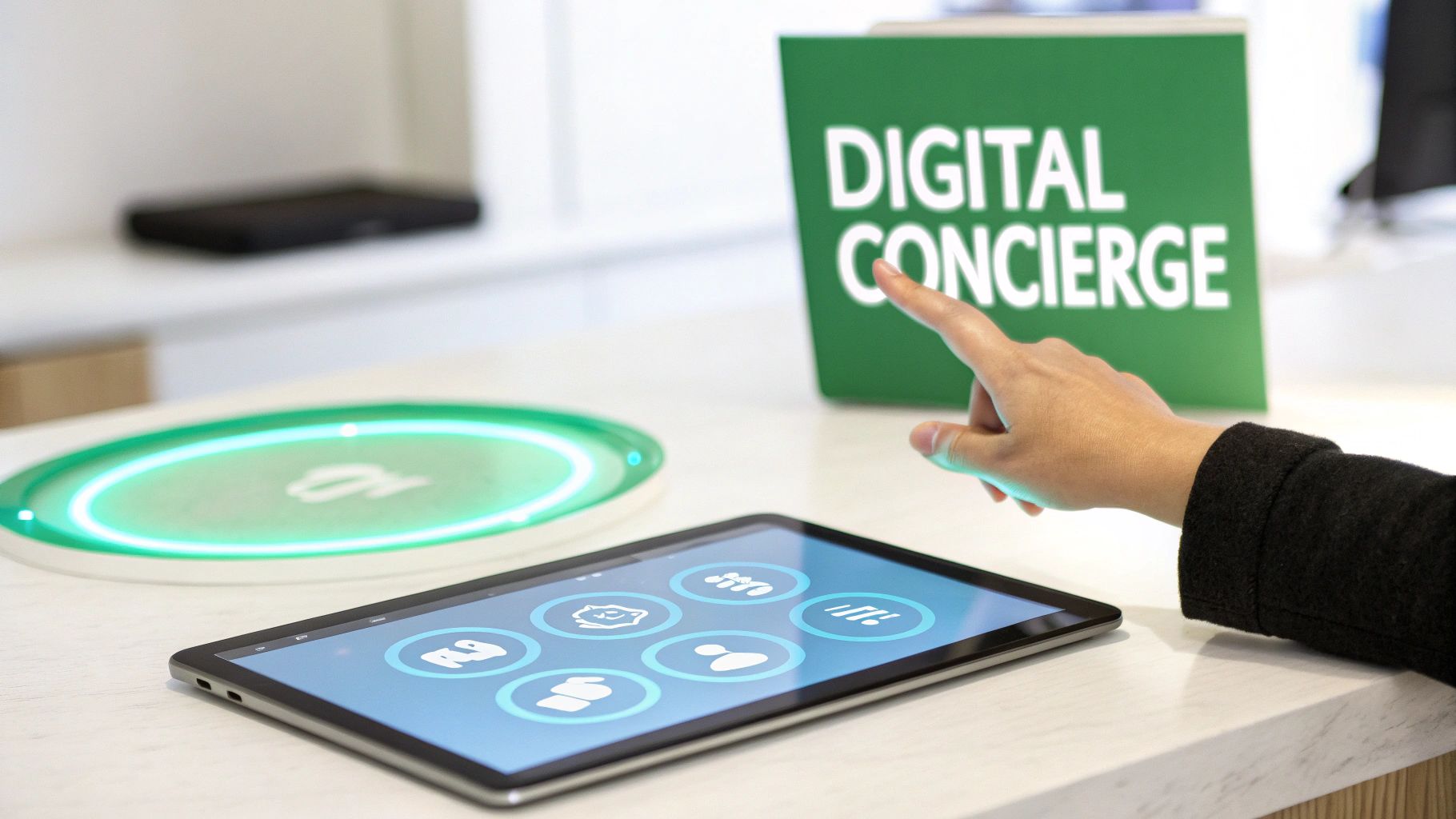 A hand points to a 'Digital Concierge' sign next to an interactive tablet display.