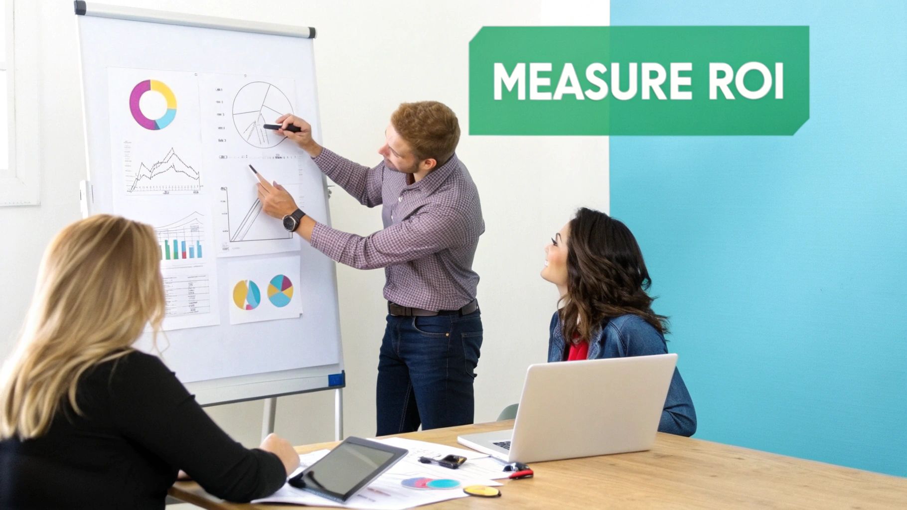 A man points to charts on a whiteboard while two women listen, discussing ROI data.