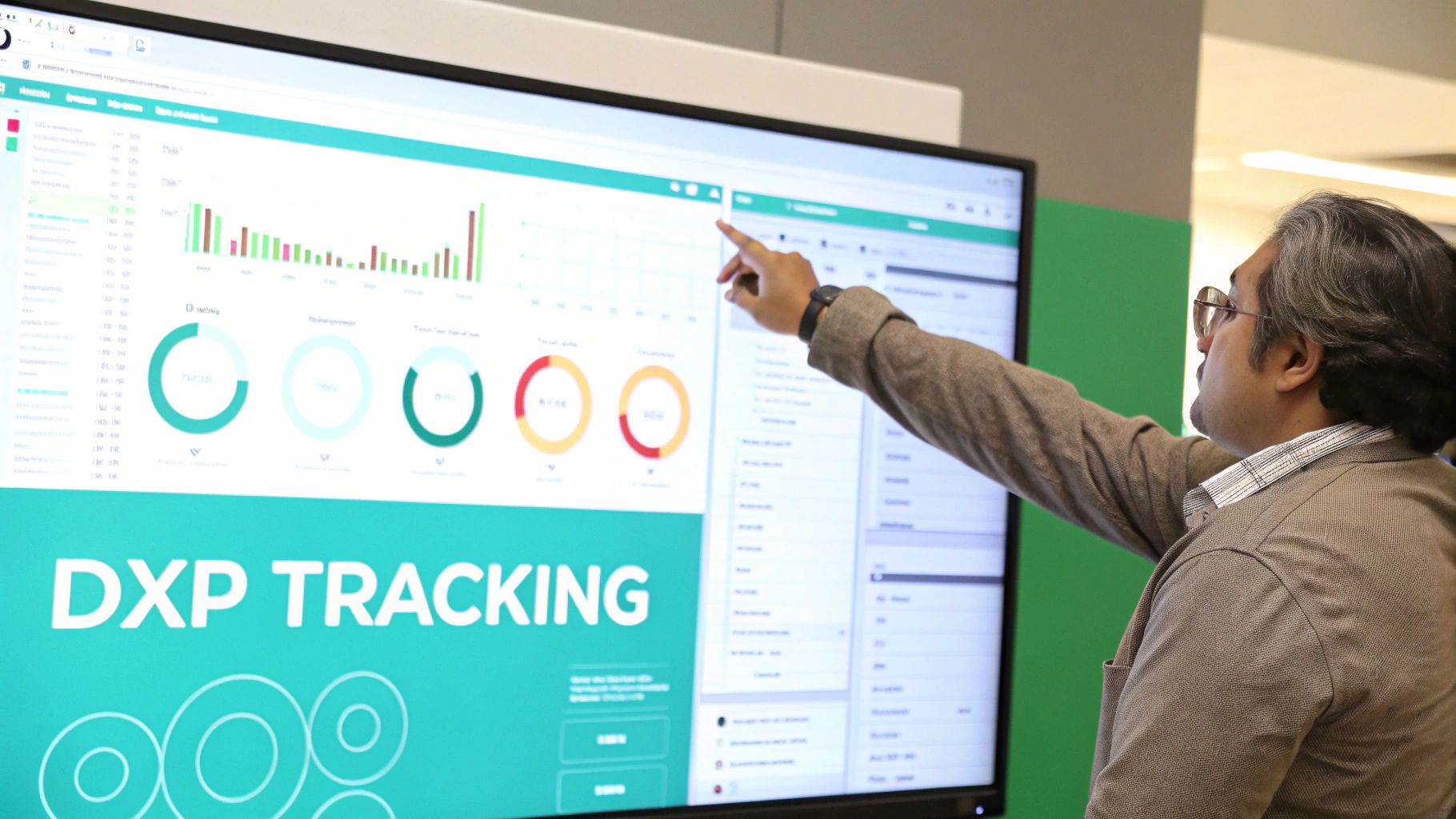 Businessman pointing at a large digital screen displaying business analytics, graphs, and "DXP TRACKING".