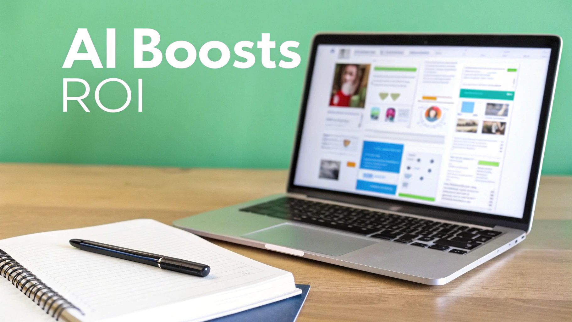 Laptop on desk displaying a dashboard, with a notebook and pen, promoting 'AI Boosts ROI'.