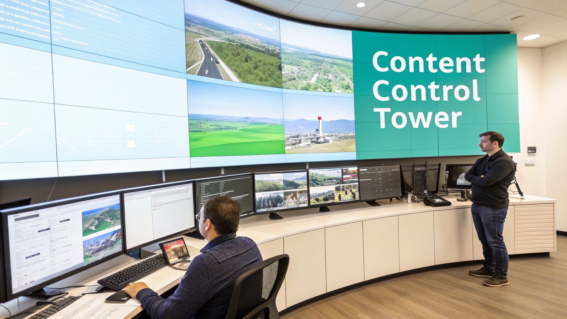 Two people in a modern control room with a large curved video wall displaying 'Content Control Tower' and monitoring feeds.