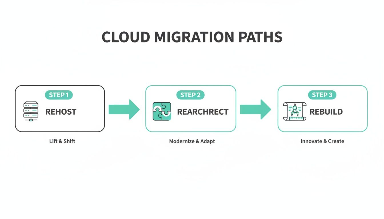 Diagram shows cloud migration steps: Rehost (Lift & Shift), Rearchitect (Modernize & Adapt), and Rebuild (Innovate & Create).