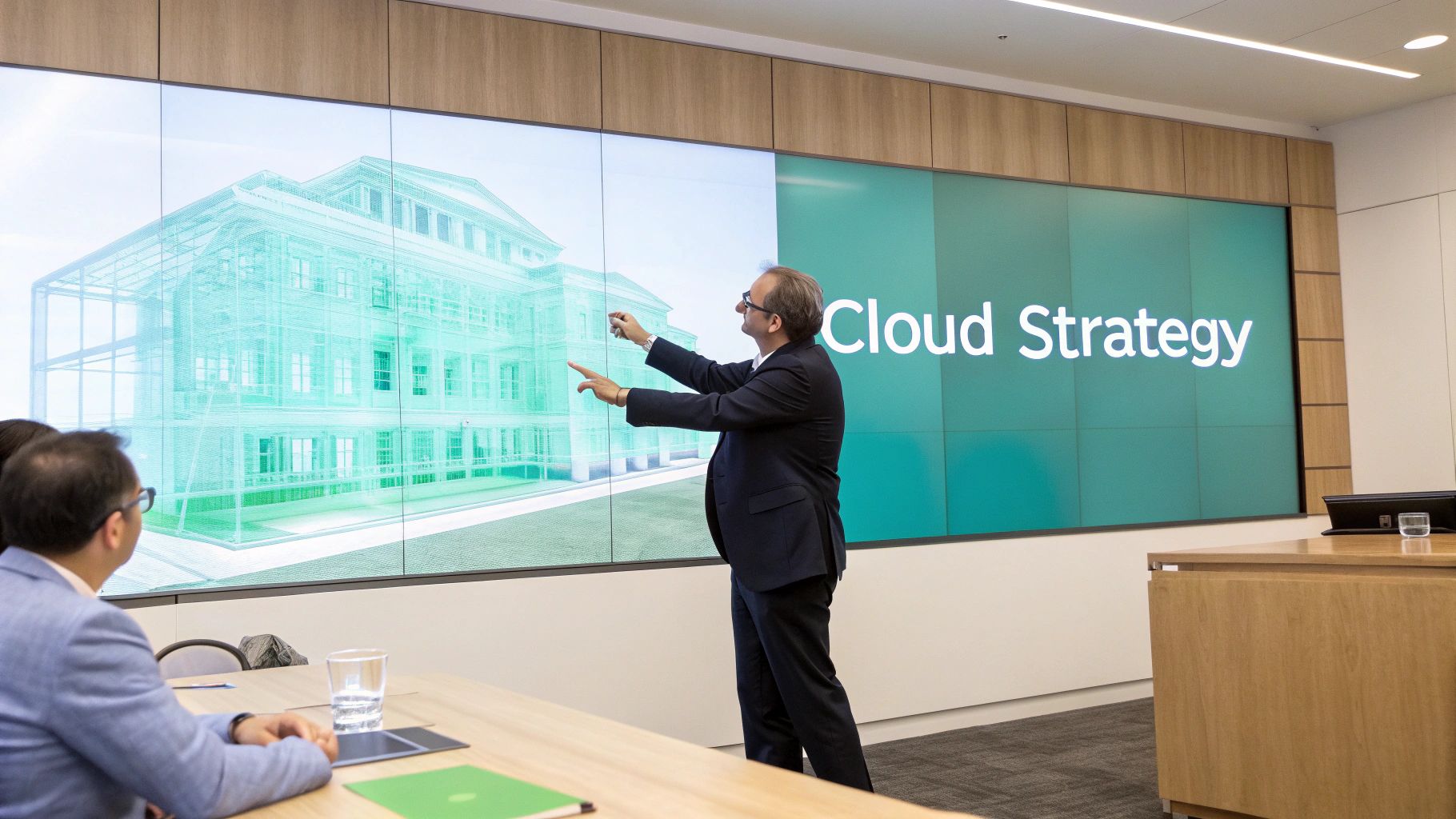 A man presents a cloud strategy on a multi-screen display showing a building wireframe in a modern conference room.