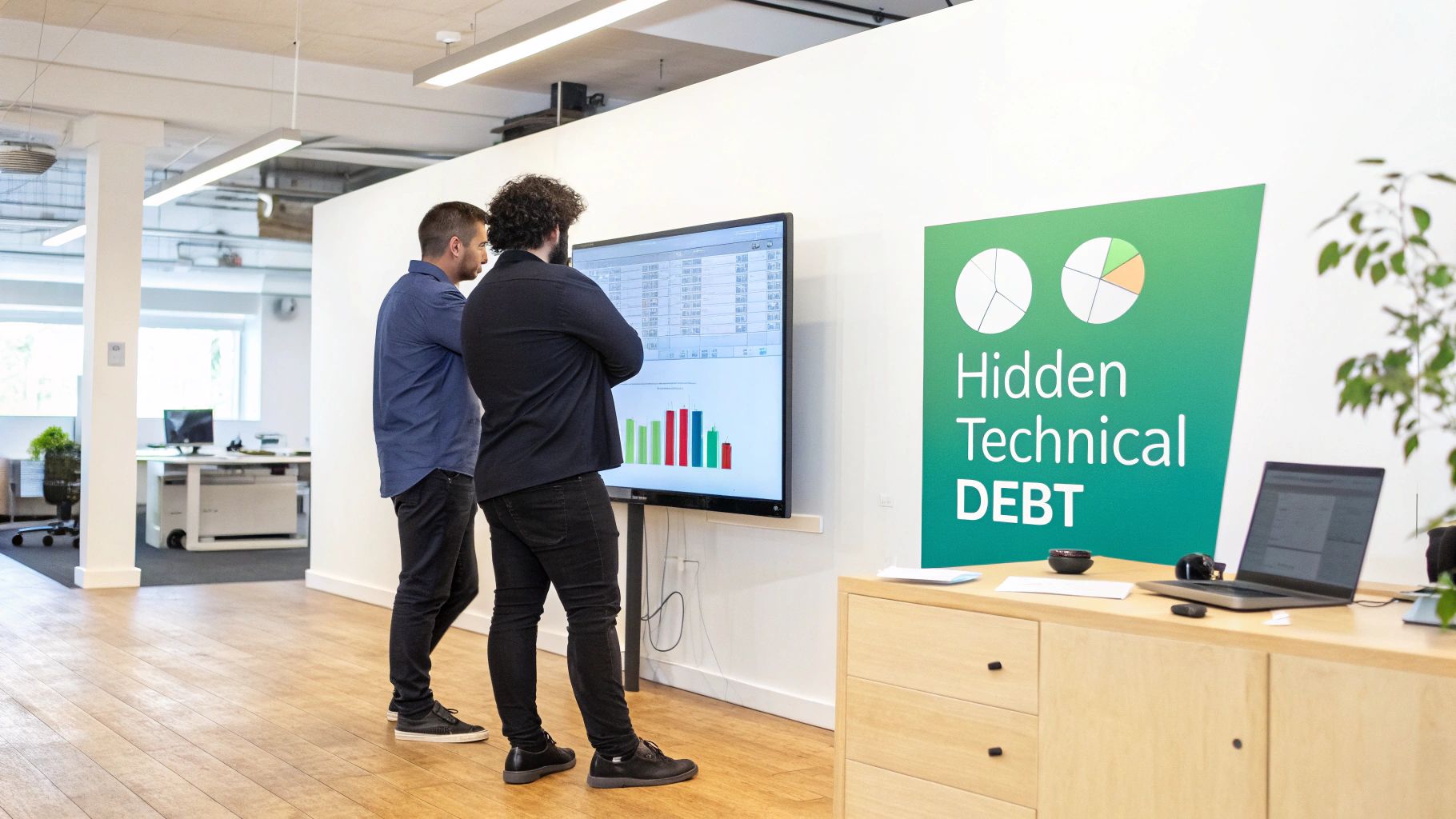 Two men in a modern office review data on a large screen near a 'Hidden Technical DEBT' sign.