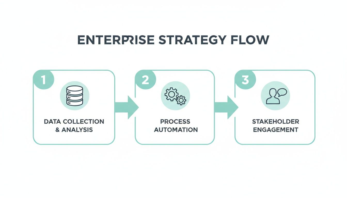 An enterprise strategy flow diagram with three steps: data collection, process automation, and stakeholder engagement.