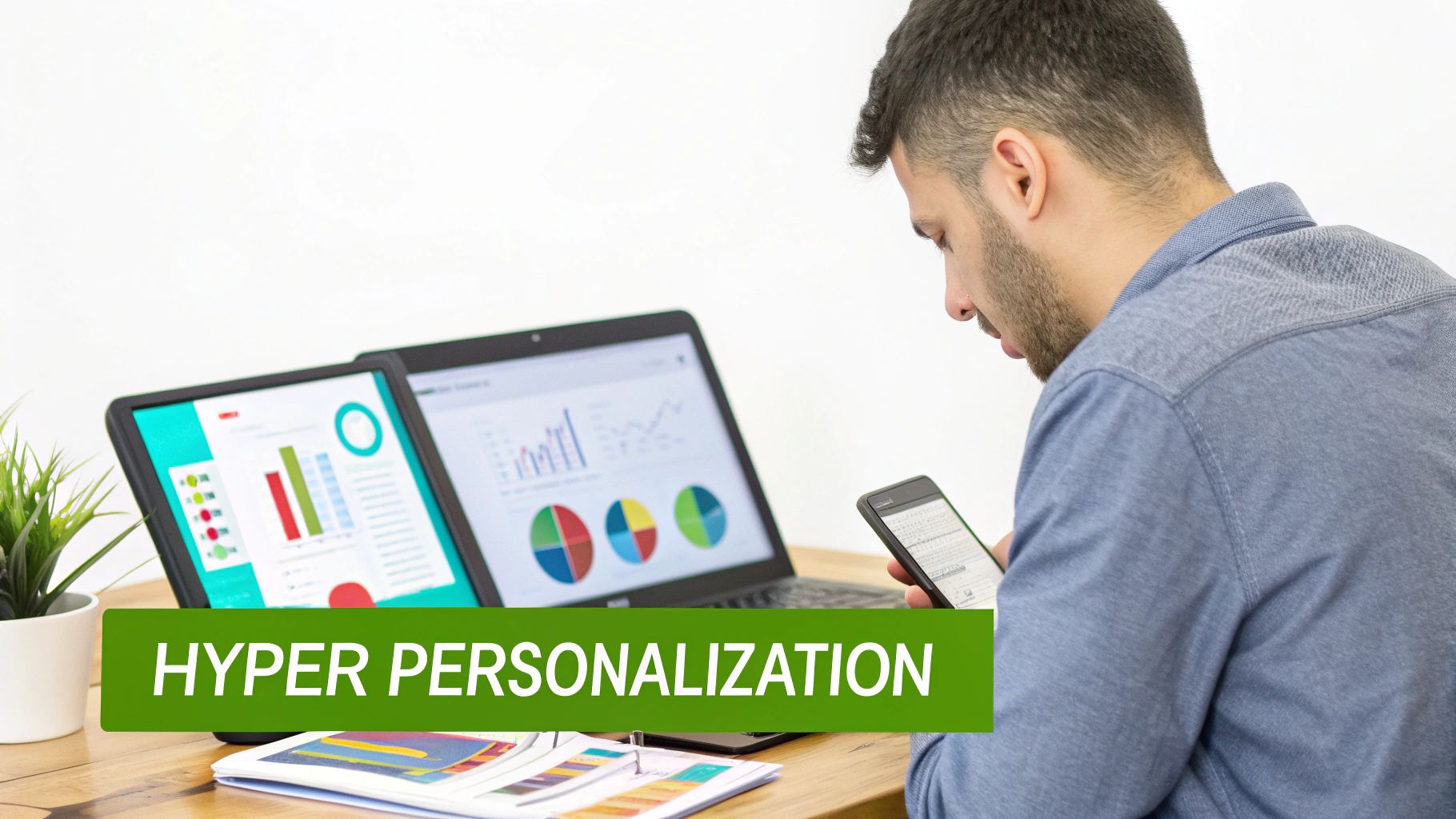 Man uses phone, with laptop screens displaying data graphs, illustrating hyper personalization.