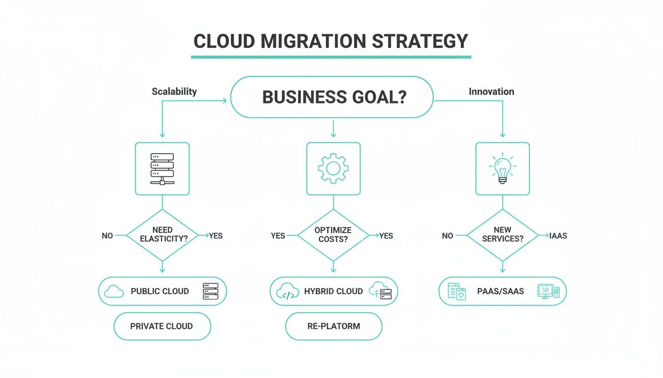 A flowchart detailing cloud migration strategies based on business goals like scalability, cost, and innovation.