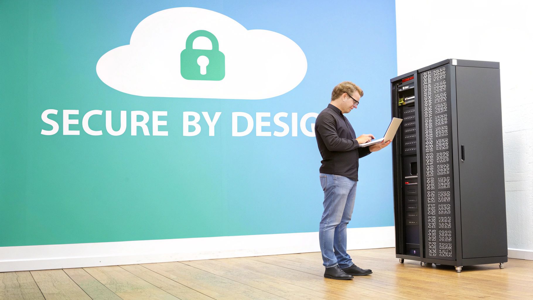 IT professional securing data center infrastructure with a laptop, in front of a 'Secure by Design' wall.