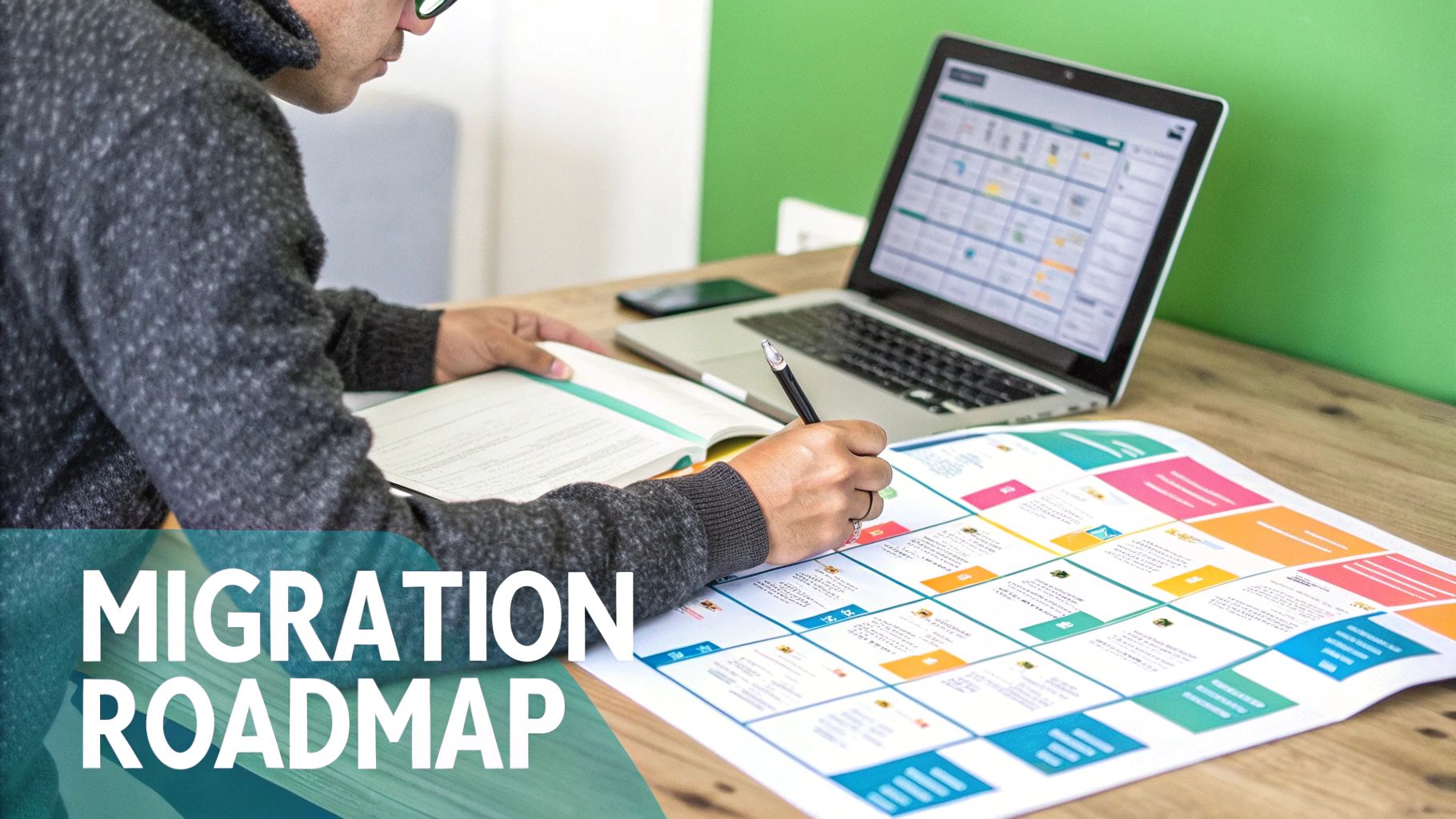 A person reviews a migration roadmap, writing on a large colorful chart next to a laptop.