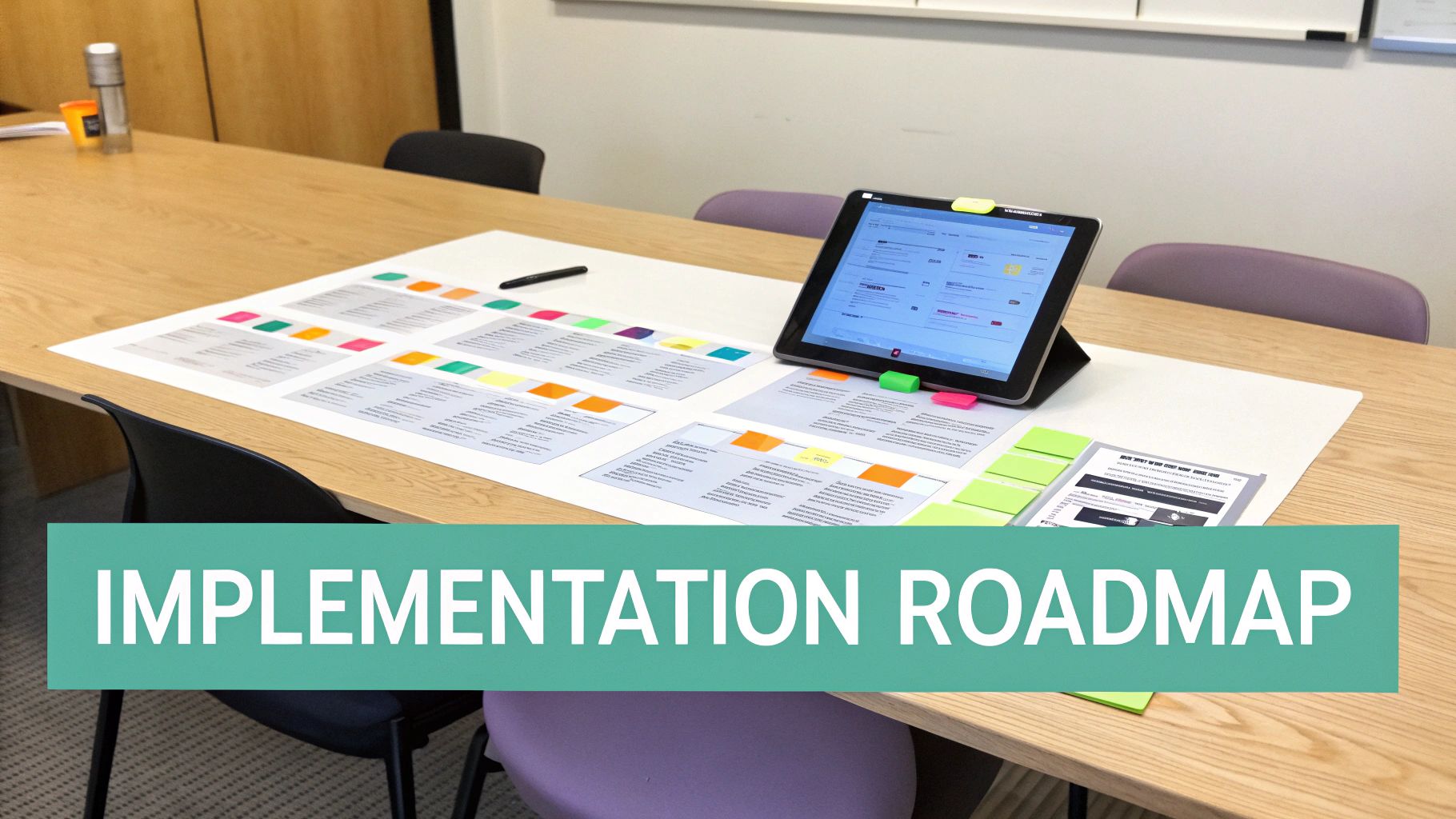 A table displays a visual implementation roadmap with documents, colorful sticky notes, and a tablet.