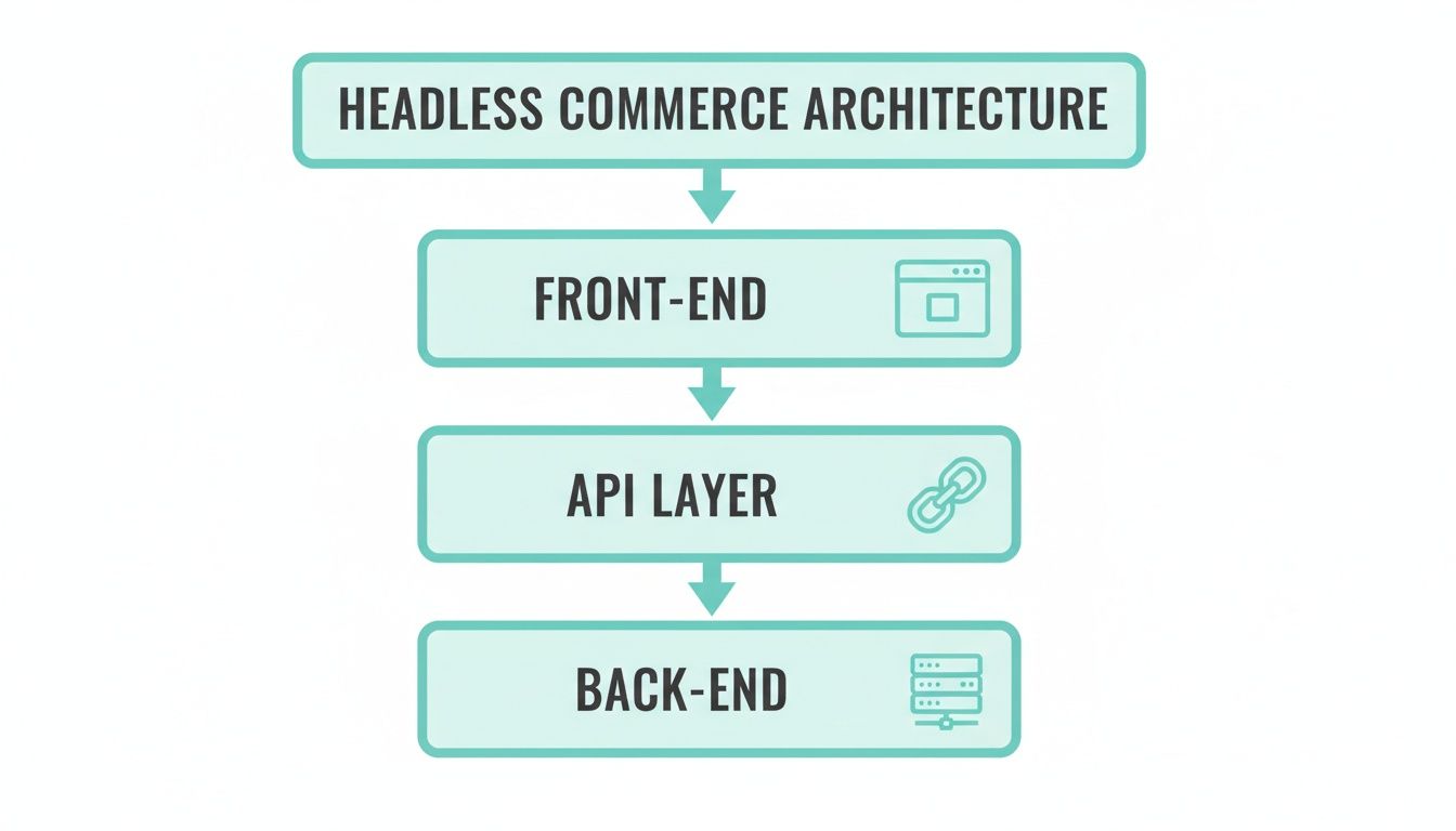A diagram illustrating the headless commerce architecture with front-end, API layer, and back-end.
