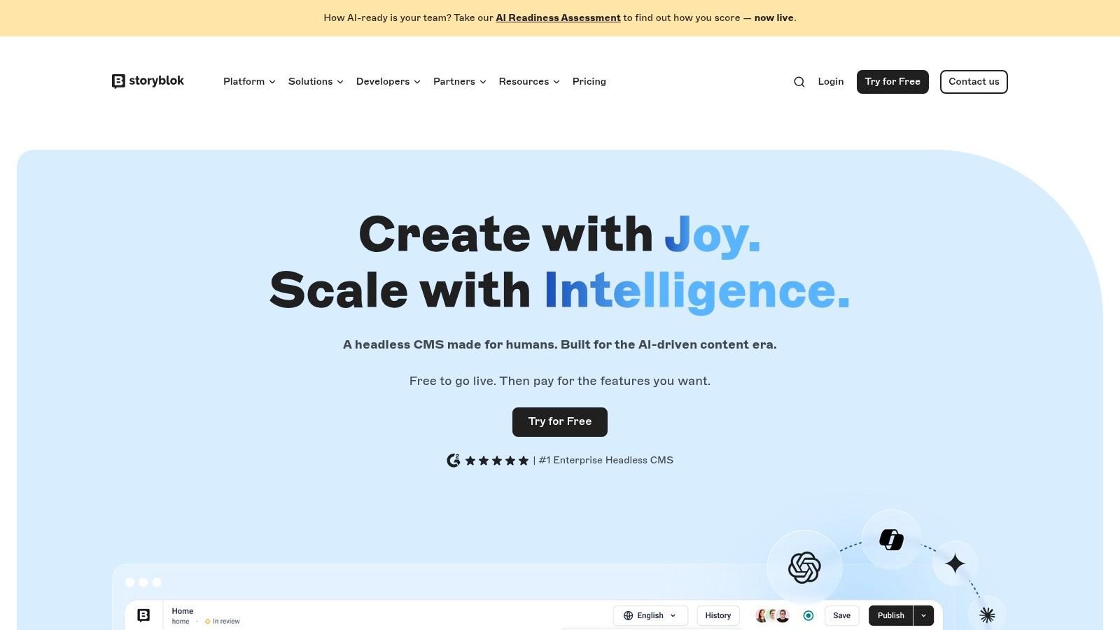 Storyblok's visual editor showing a live preview with editable components.