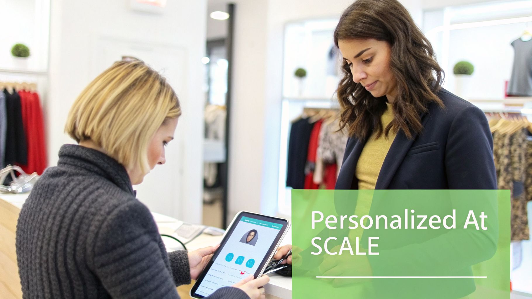 Two women in a retail store, one using a tablet to show personalized customer data.