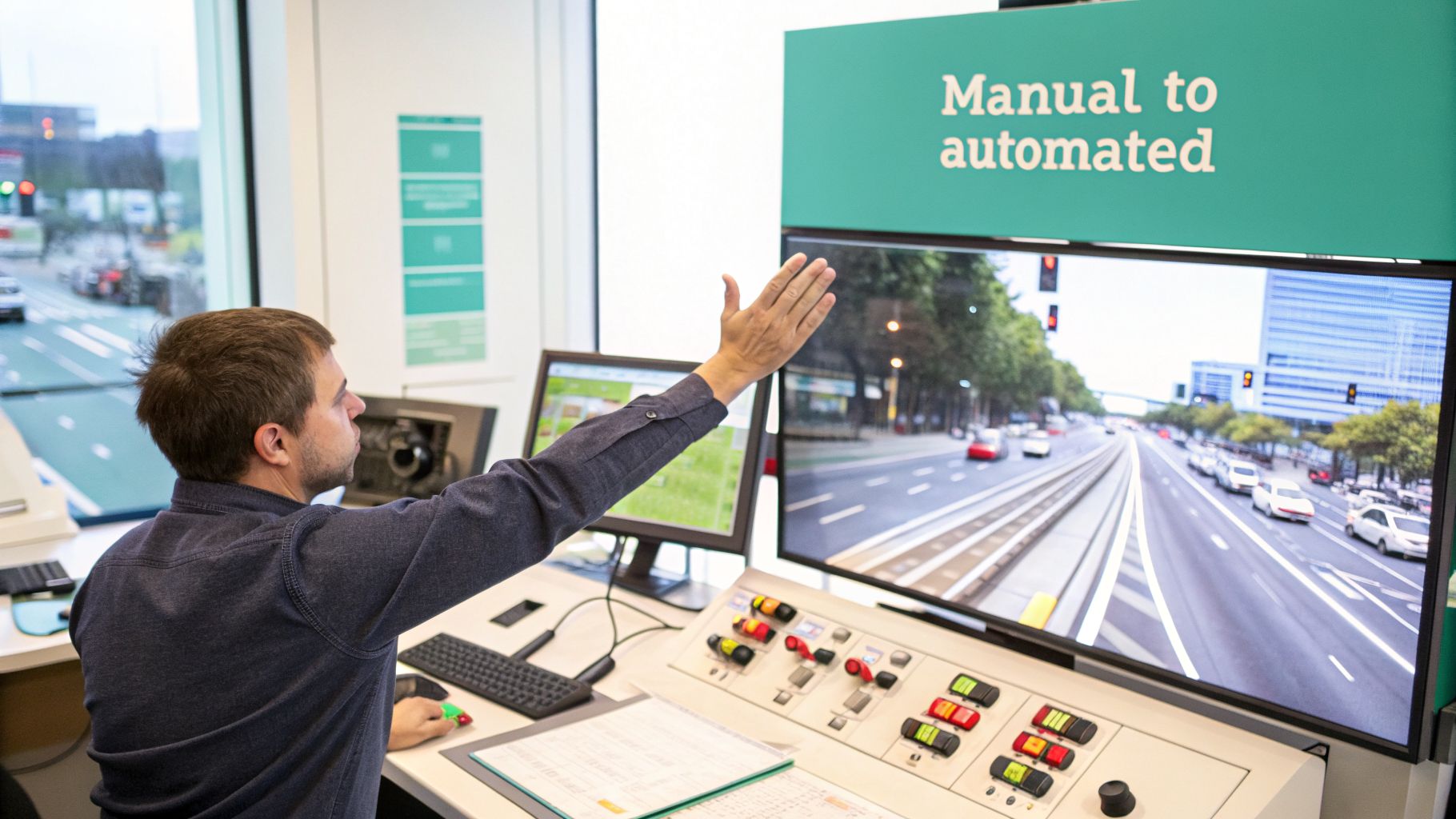 A man in a control room points at a large screen displaying a simulated street view, focusing on automation.