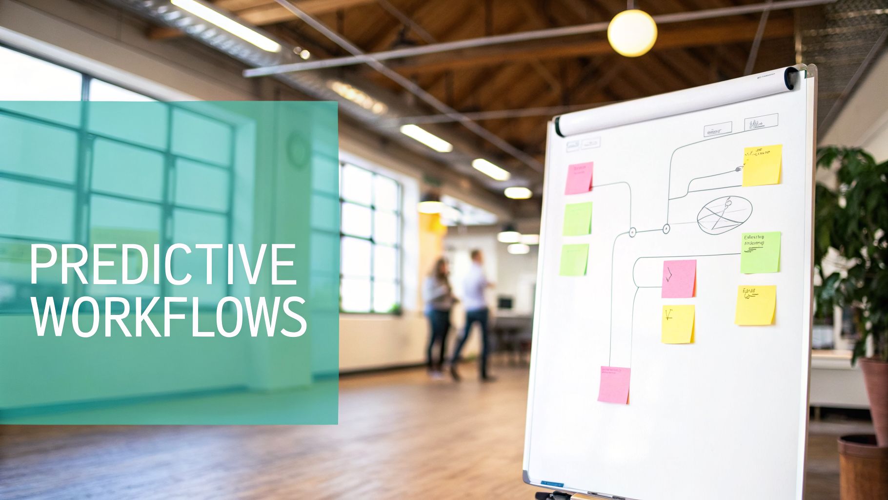 A whiteboard displays a predictive workflow diagram with colorful sticky notes in a modern office.