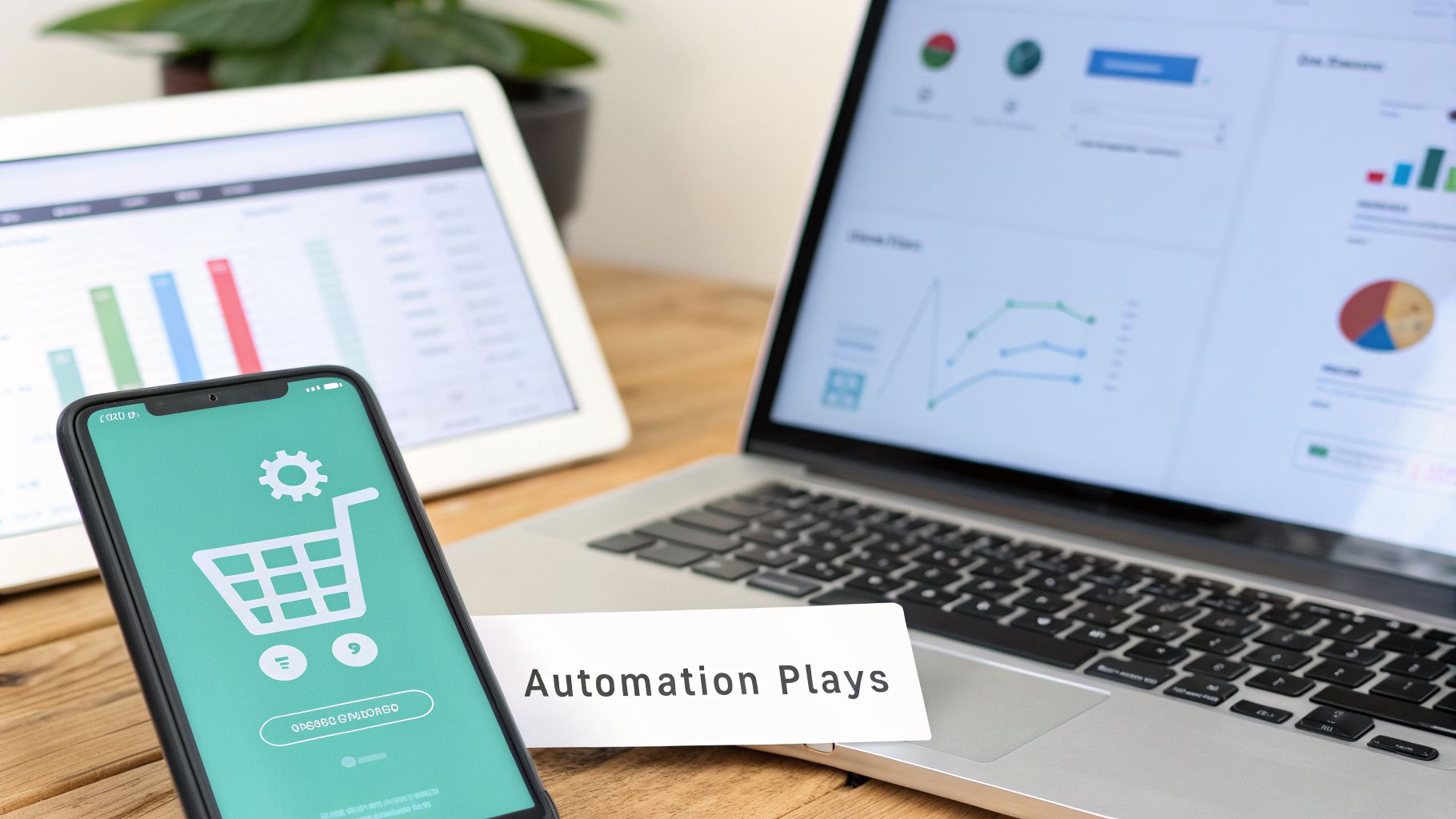 Digital devices display e-commerce analytics and automation software for business strategy and marketing.