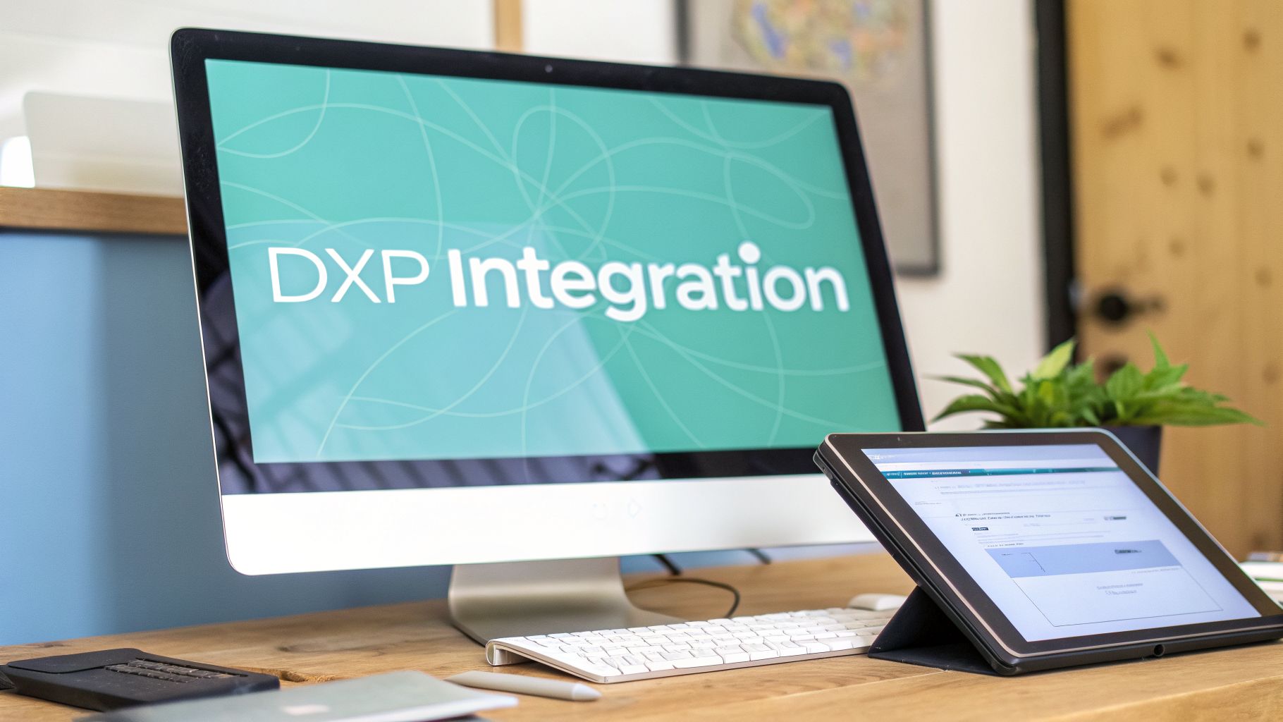 A modern workspace with a desktop computer displaying 'DXP Integration' and a tablet on a wooden desk.