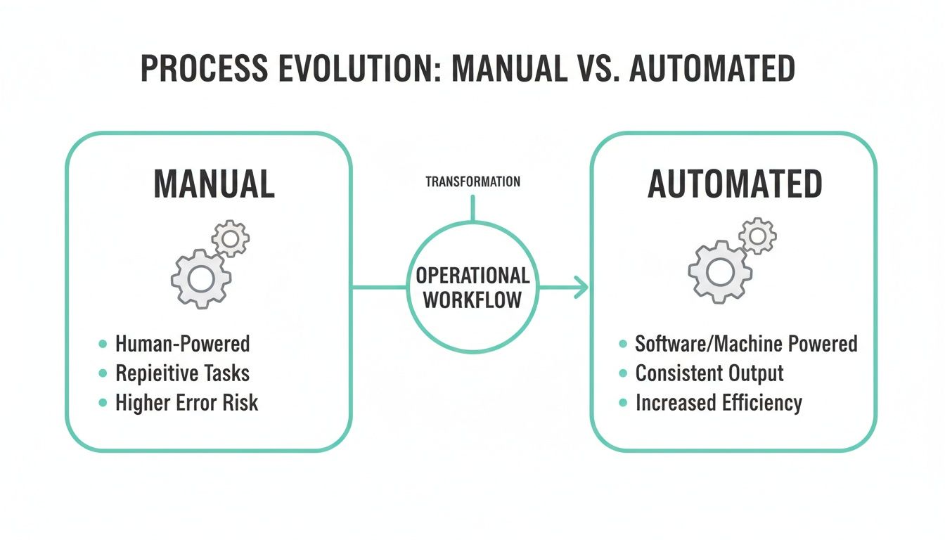 Diagram comparing manual process characteristics (human, repetitive, high error) with automated process benefits (software, consistent, efficient).