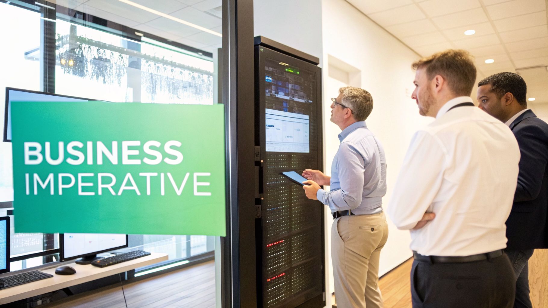 IT professionals monitoring server data and IT infrastructure in a modern data center.