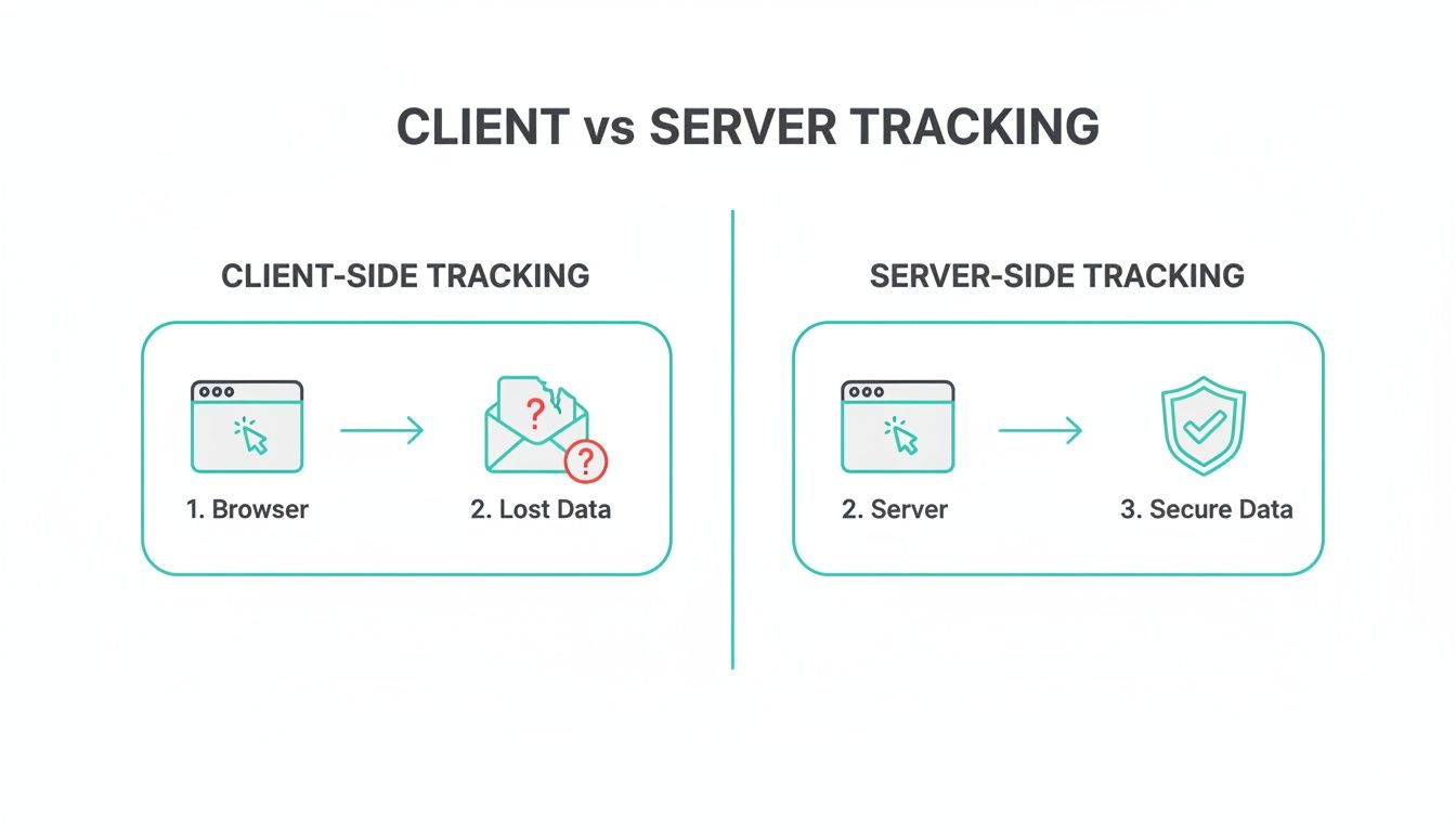 Diagram comparing client-side tracking (browser to lost data) and server-side tracking (server to secure data).
