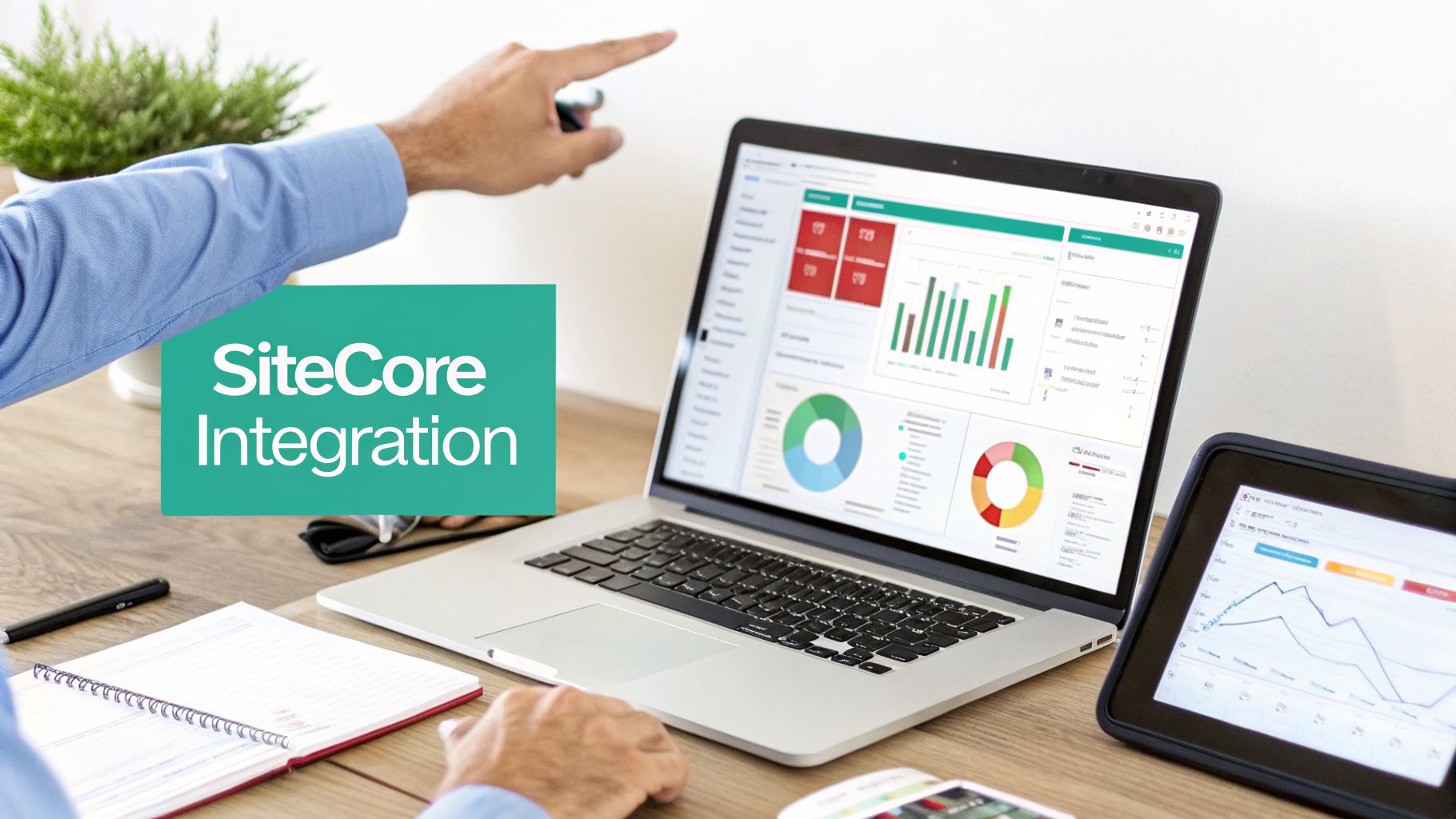 Person working on a laptop displaying SiteCore Integration dashboards and a tablet on a wooden desk.