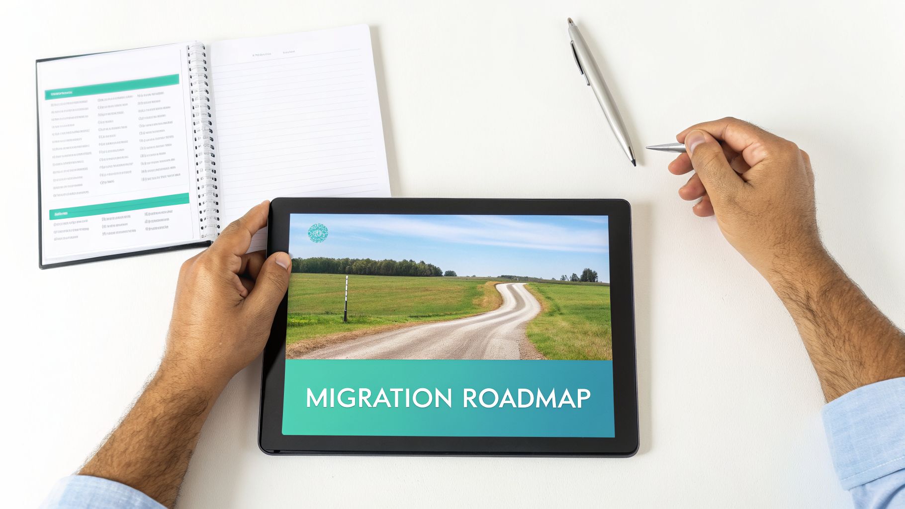 Overhead view of hands holding a tablet showing 'Migration Roadmap' on a desk with a notebook and pen.