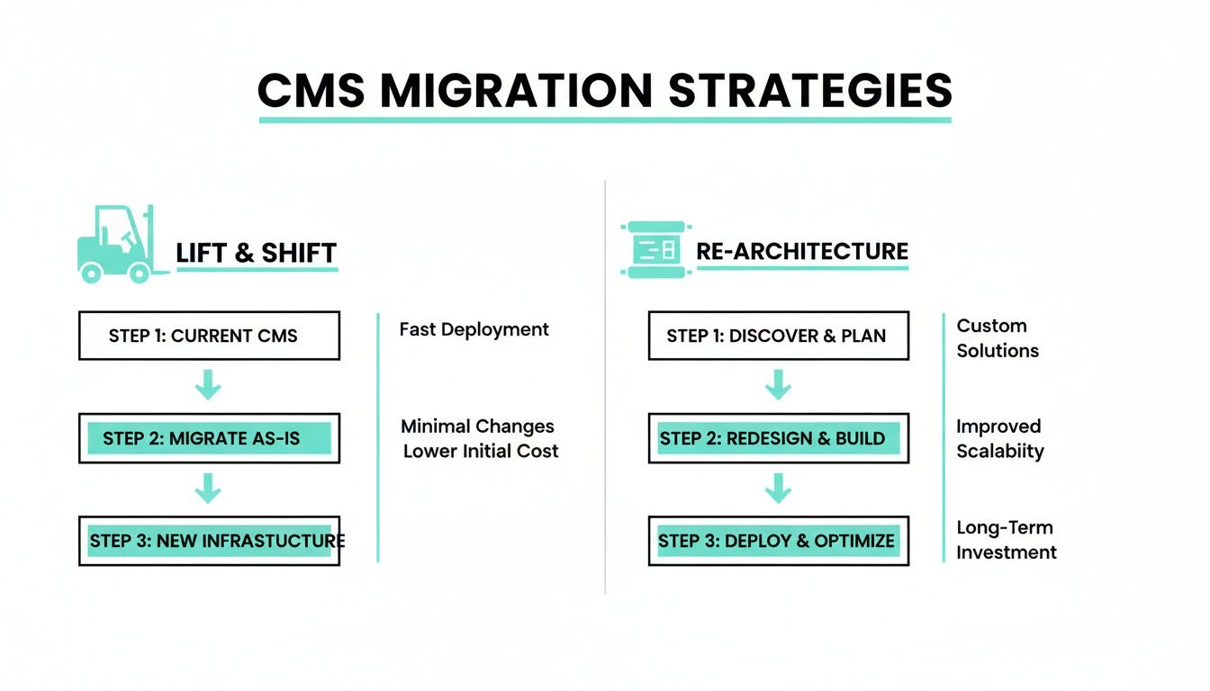 Diagram illustrating two CMS migration strategies: Lift & Shift and Re-Architecture, with steps and benefits.