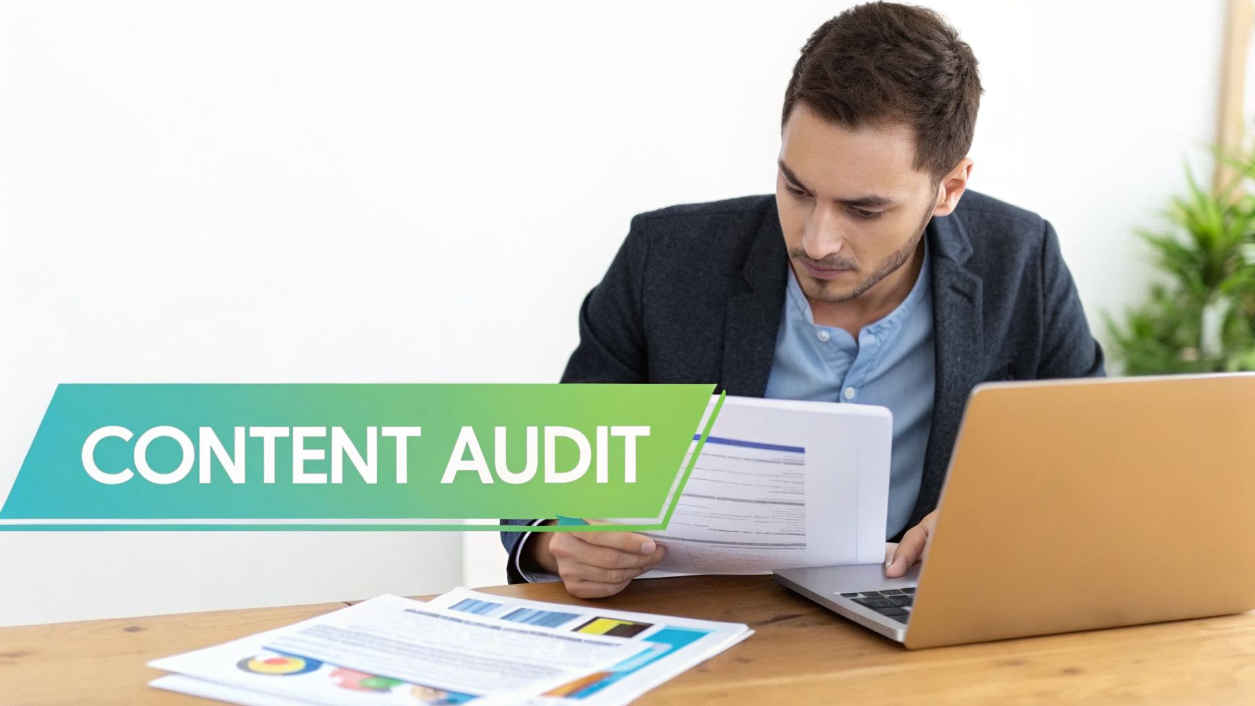 A professional man reviews documents and works on a laptop, with a 'CONTENT AUDIT' banner.