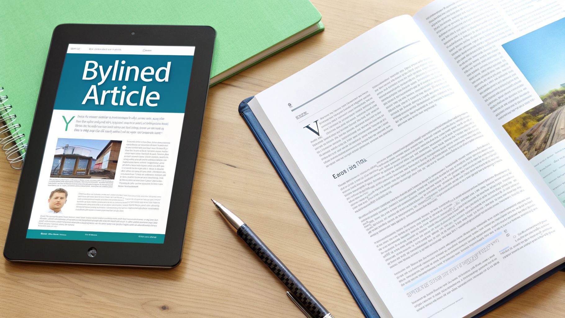 A tablet displays a 'Bylined Article' on a wooden desk next to an open book and a pen.