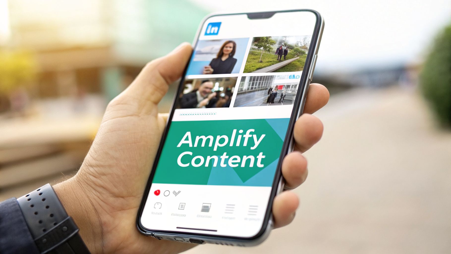 A hand holds a smartphone displaying the LinkedIn app with 'Amplify Content' on the screen.