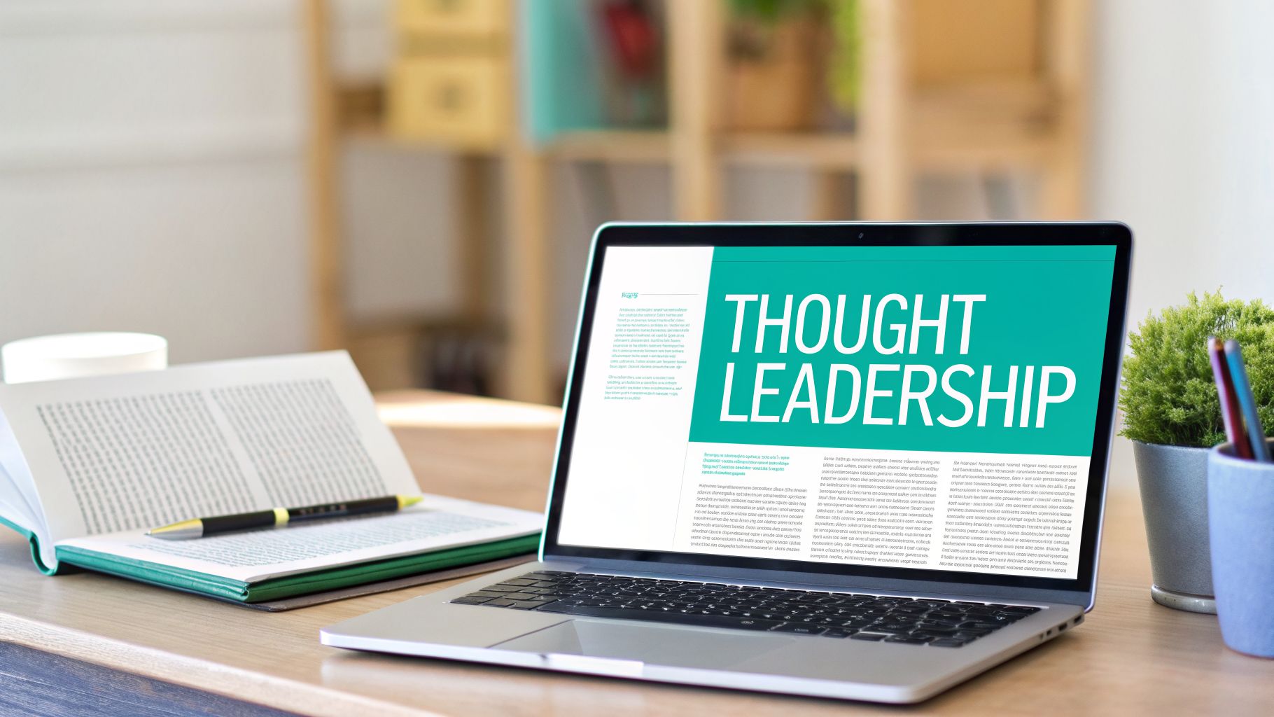 A laptop on a wooden desk displaying "THOUGHT LEADERSHIP" on screen, with an open book and pen.