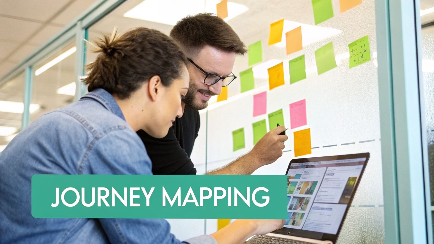 Two colleagues collaborate on a journey map, using colorful sticky notes on a glass wall and a laptop.