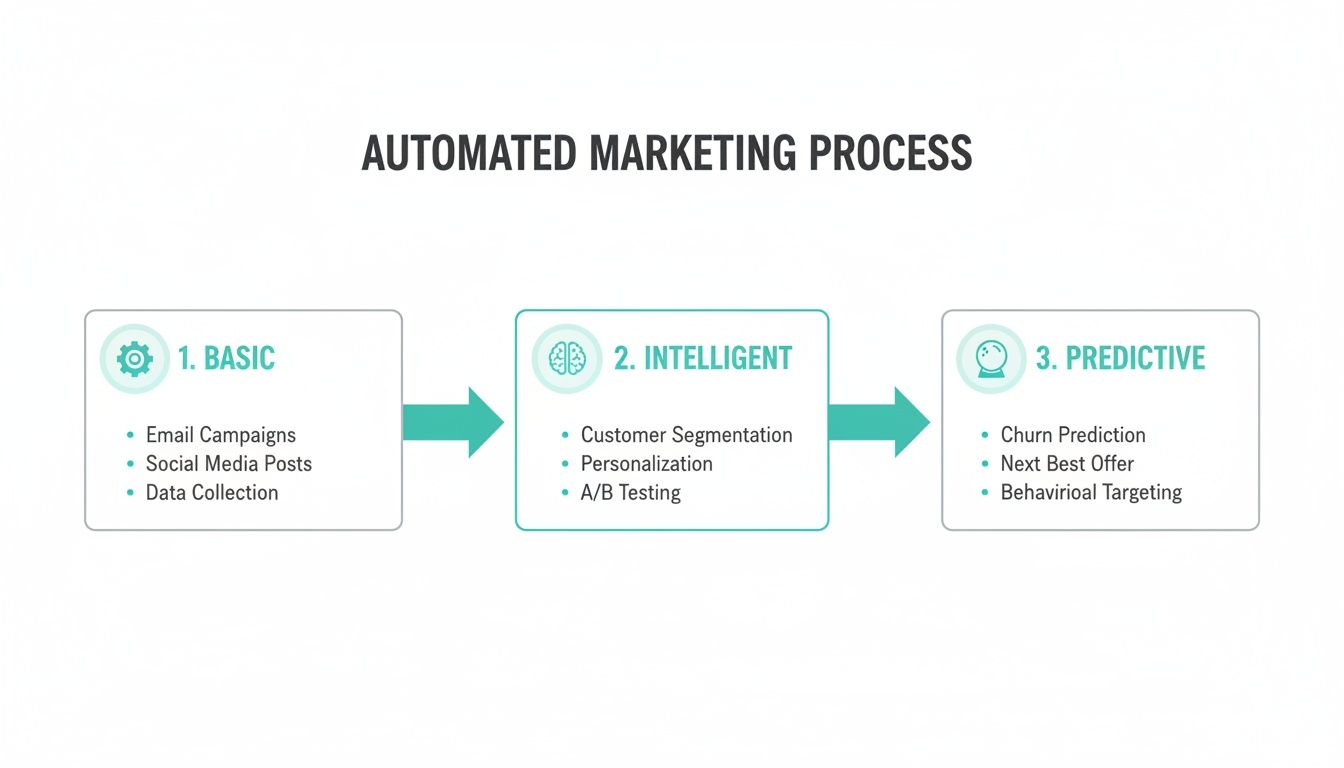 A flowchart illustrating the three stages of an automated marketing process: Basic, Intelligent, and Predictive.