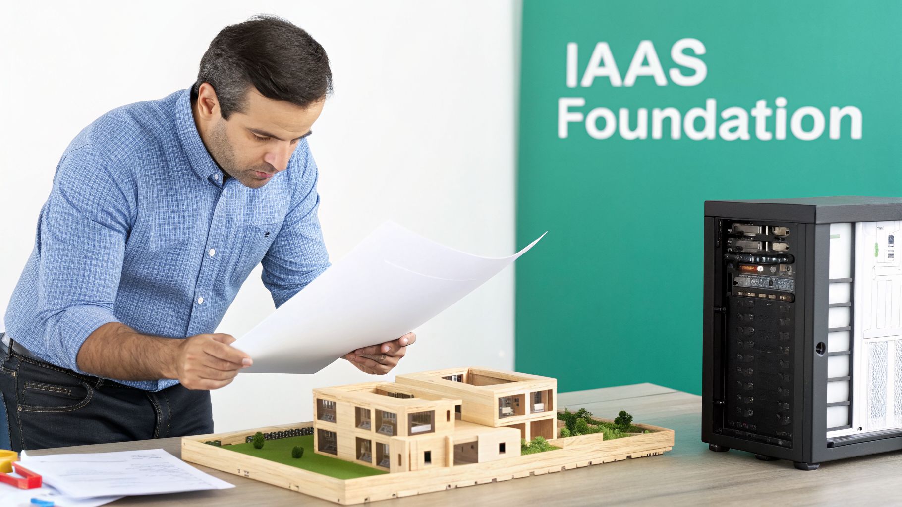 A man reviews architectural plans next to a wooden house model and a computer server, with 'IAAS Foundation' in the background.
